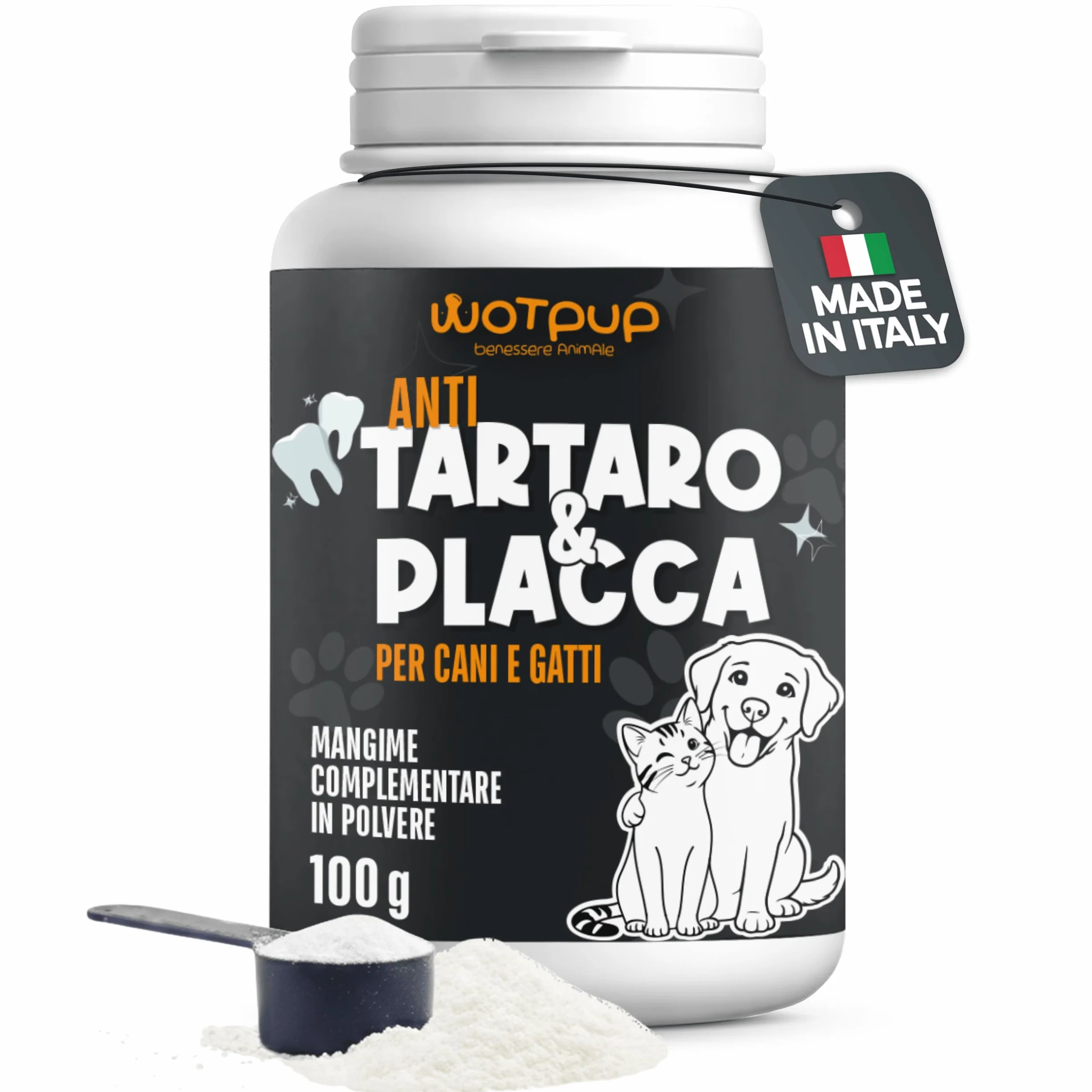 Dental Bright Polvere Dentale per Cani e Gatti, Sciogli Tartaro e Placca, Dentifricio Senza Spazzolino con Inulina, Menta, Pappa Reale e Salvia 100g 50 Dosi Made in Italy