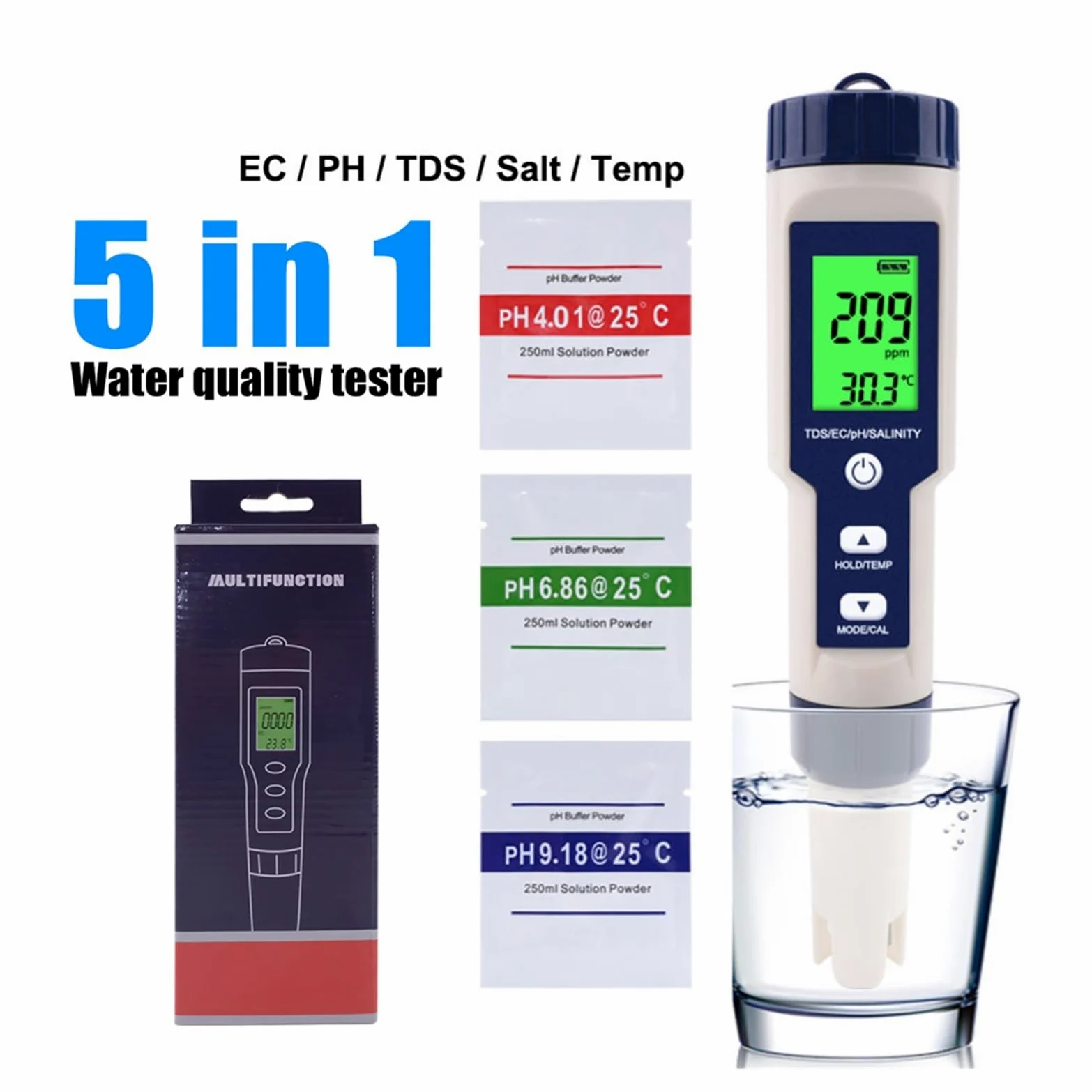 Misuratore di PH Misuratore di qualità Acqua con Funzione 5 in 1 Tester PH Salinità TDS EC retroilluminazione for acquacoltura, Potabile, Piscina
