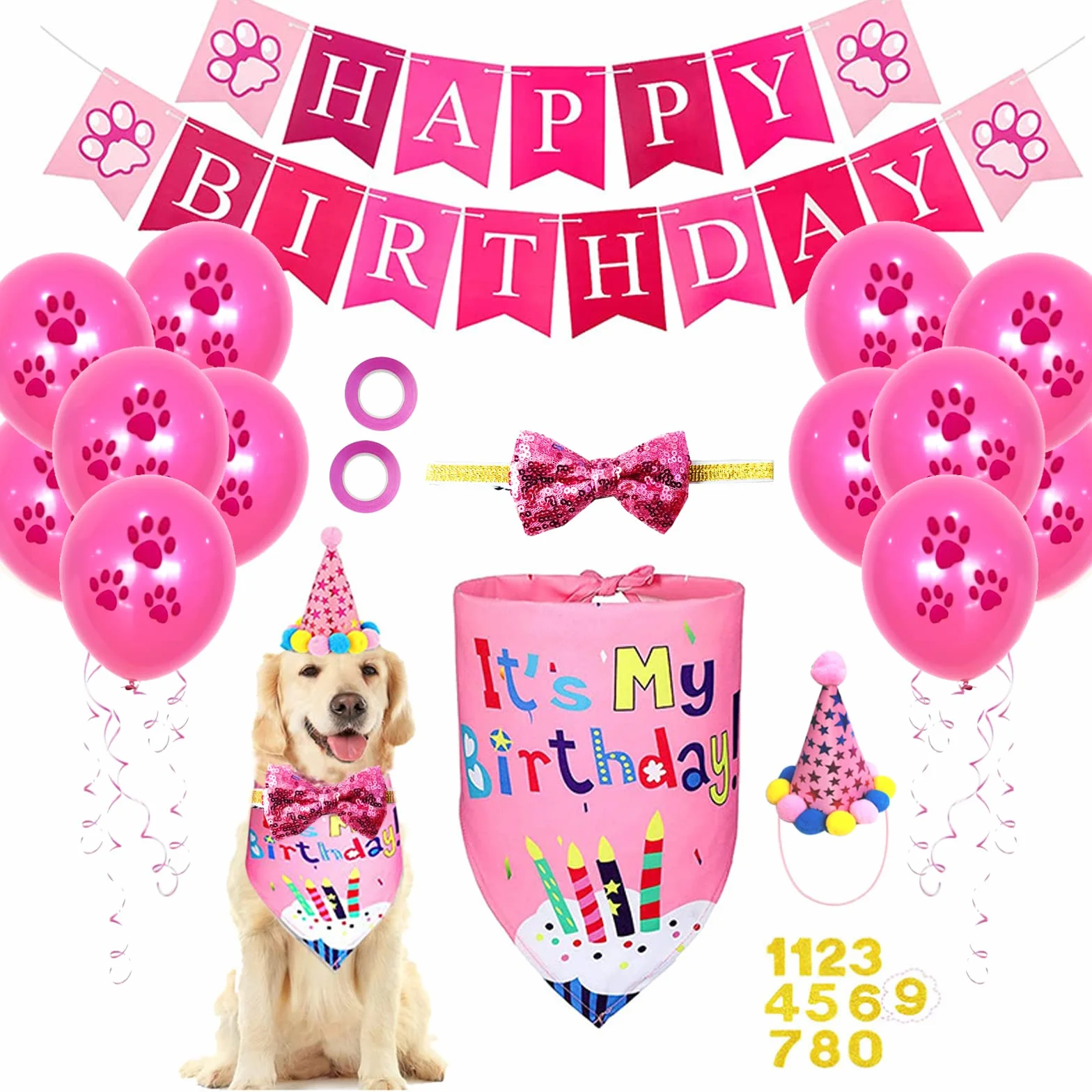 Cappello a bandana per cani Happy Birthday con stampa zampe blu set regalo