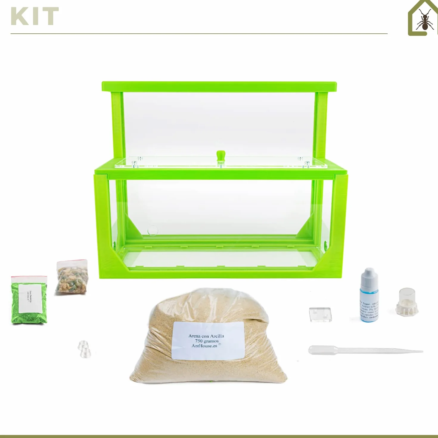 AntHouse - Formicaio Naturale di Sabbia 3D Verde | Kit L (Sandwich + Cassa di Foraggiamento) | Formiche Incluse con Regina