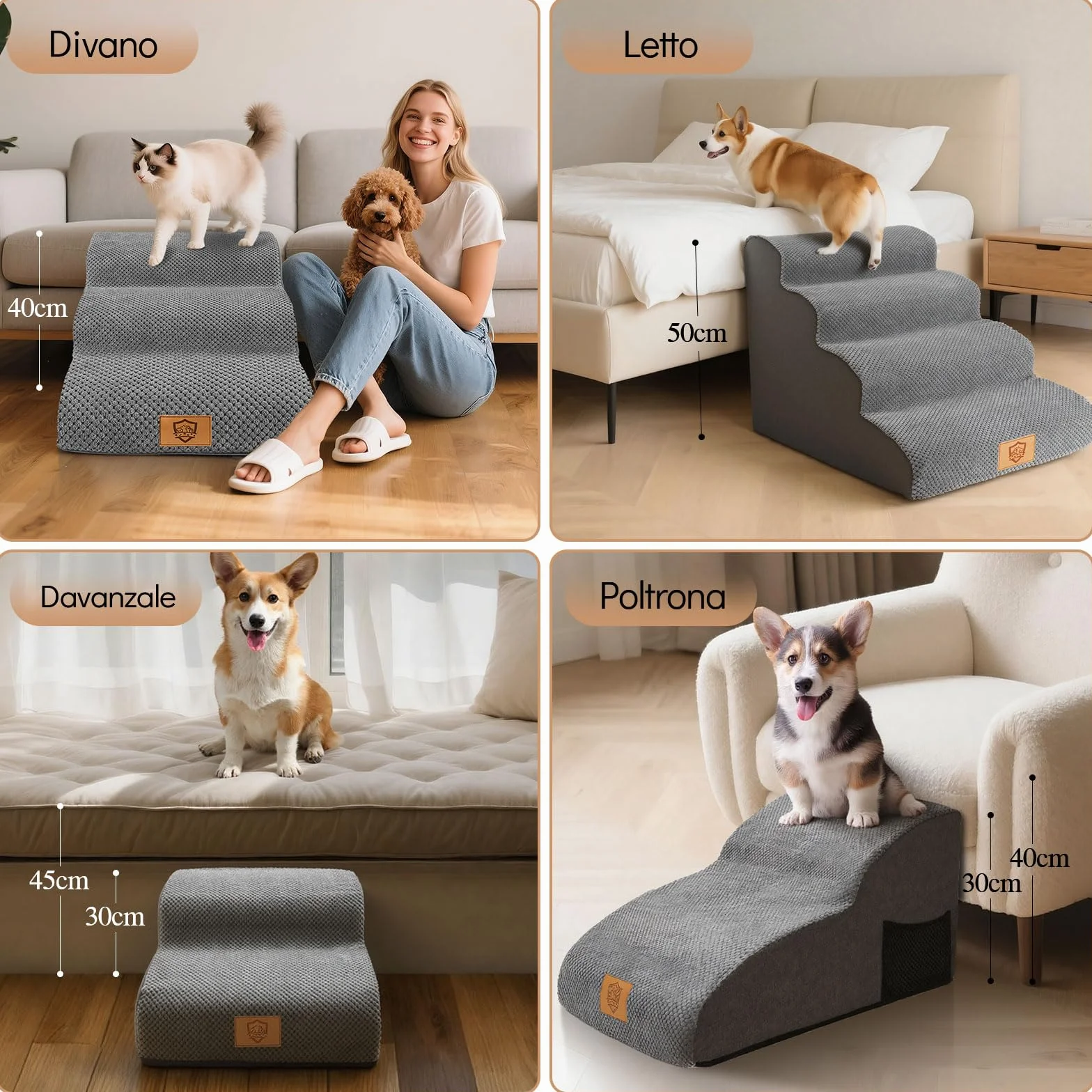 MASTERTOP Scale per Cani 3 Gradini, Scalini Antiscivolo per Gatti e Cani per Divano e Letto, Scaletta Schiuma Alta Densità, Copertura Impermeabile Lavabile (Grigio)