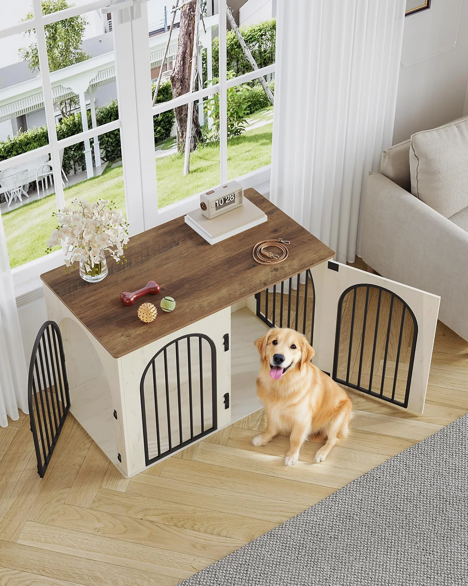 Hzuaneri 108 cm Gabbia per Cani, Tavolo Supplemento, Cuccia Moderna per Cani Interno, Kennel Cane Medio, Casetta per Animali, 3 porte, Porta ad arco, 64 x 108 x 76 cm, Bianco e Marrone DFC86014B