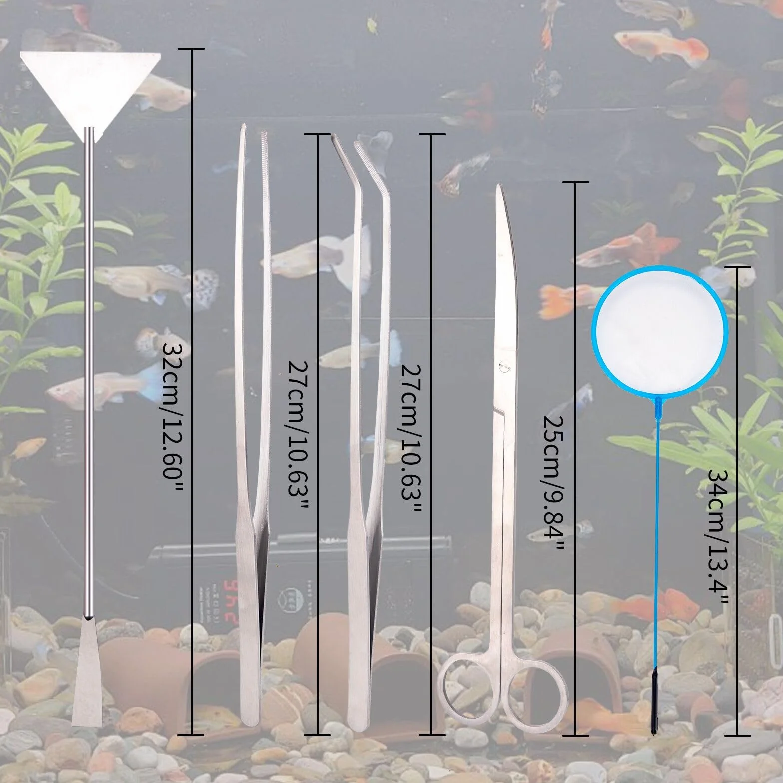 Strumenti per Acquario 5 in 1 pinzette lunghe forbici spatola rete per pesci imbuto per alimentazione - argento