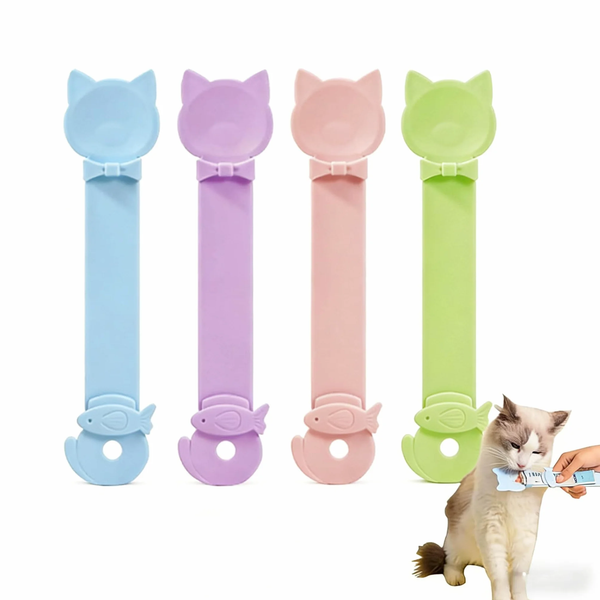 Set 4 Cucchiai per Alimentazione Gatti – Cucchiaio da Spremere per Snack e Cibo Umido, Dispenser Multifunzionale a Forma di Gatto, Utensile per Purè, Leccatine e Gatto, Facile da Pulire, 6,3 × 26,5 cm