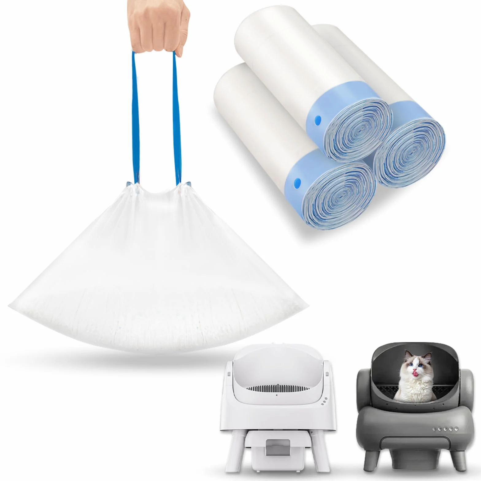 60 sacchetti per lettiera per gatti con coulisse, compatibili con Neakasa M1 e PetPivot AutoScooper 11, con apertura superiore, autopulente, spessi, resistenti agli strappi, resistenti, a