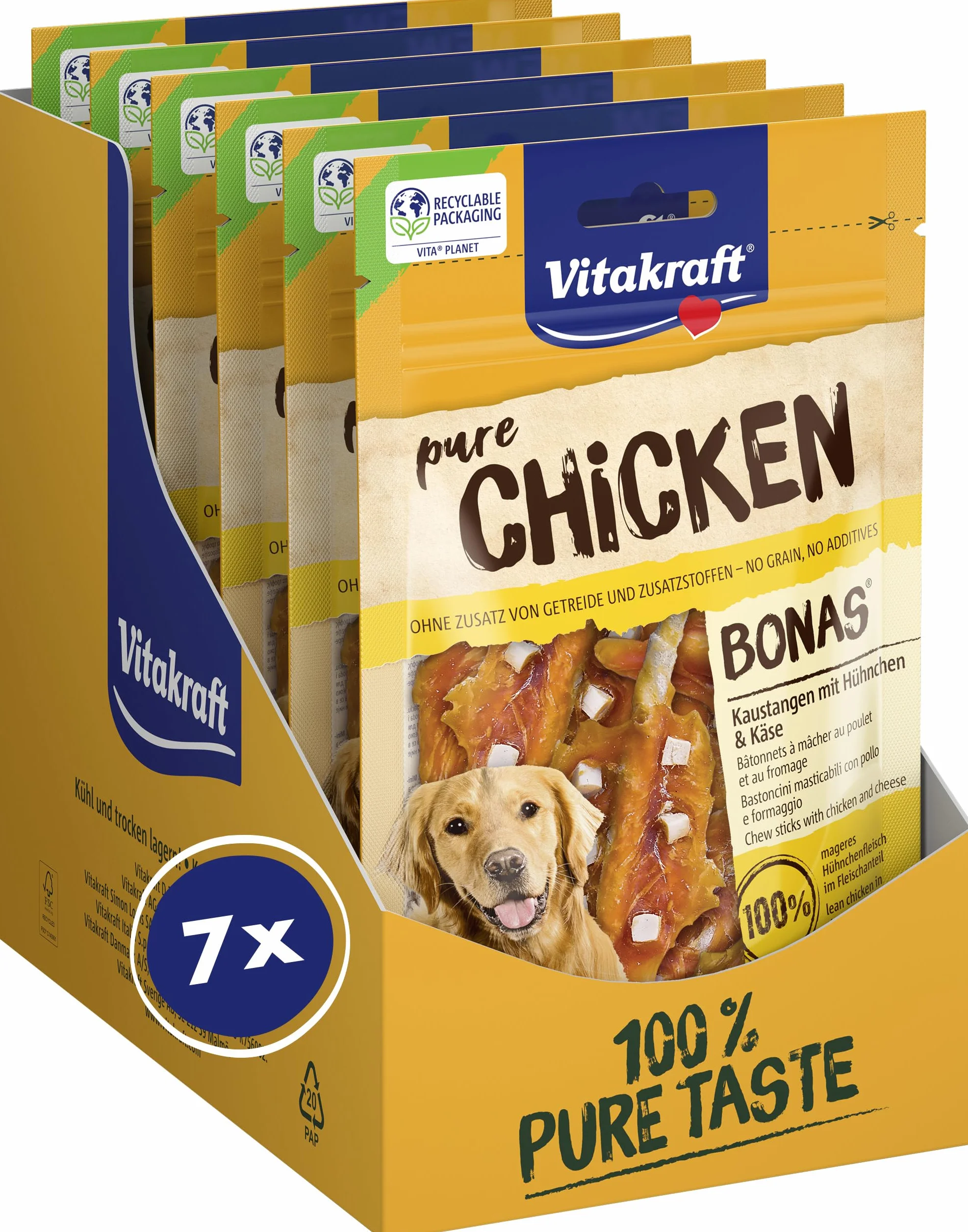 Vitakraft Pure Chicken Bonas, snack cane, bastoncini da masticare con pollo e formaggio, snack per l’addestramento del cane, senza zuccheri aggiunti (7x 80g)