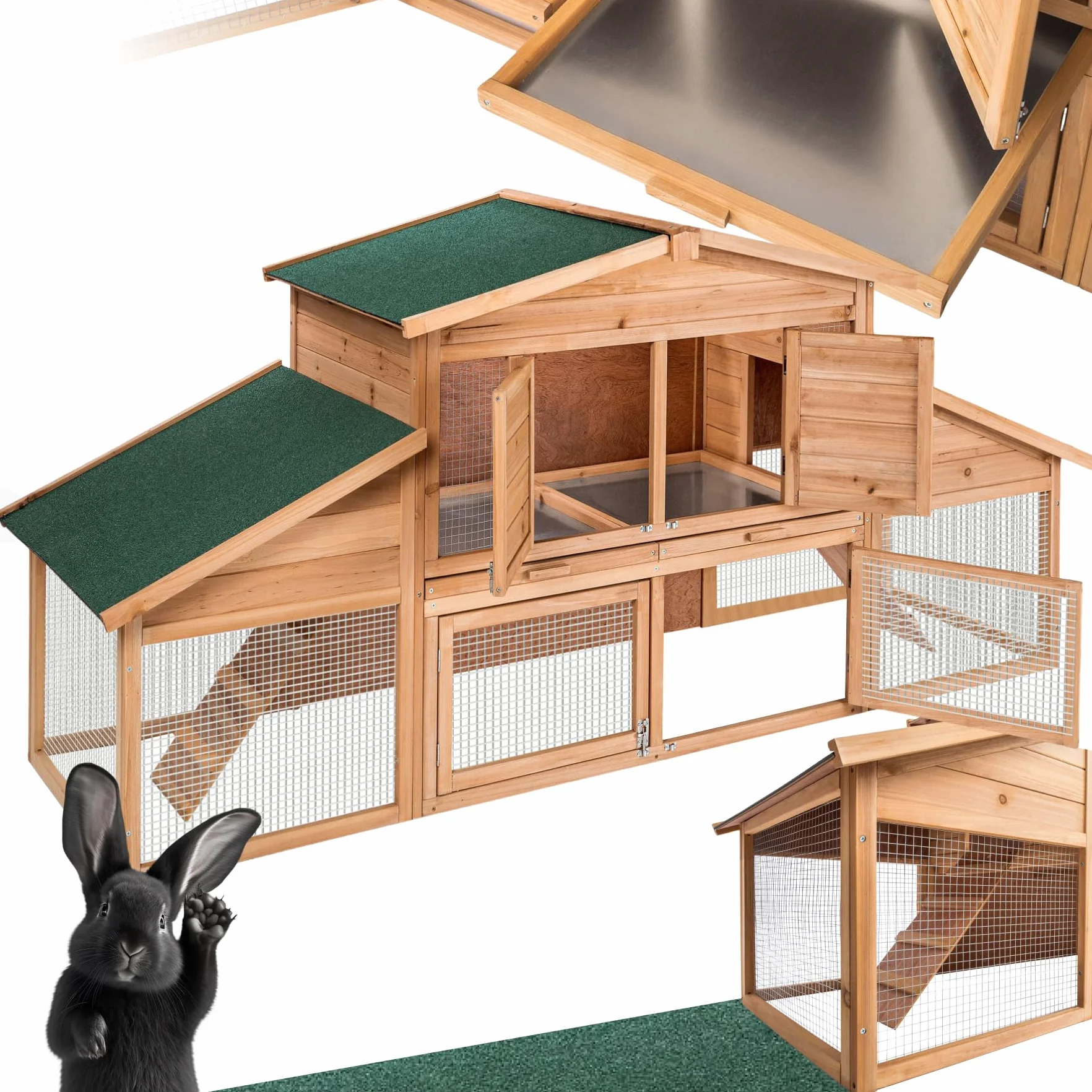tectake® Conigliera da Esterno, 4 Porte, 2 Piani, 2 Rampe, con Zona Riposo, Tetto Idrorepellente, Recinto Per Conigli, XXL Gabbia Esterno, Casetta, Recinto Piccoli Animali, Legno, 226 x 77 x 95,5 cm