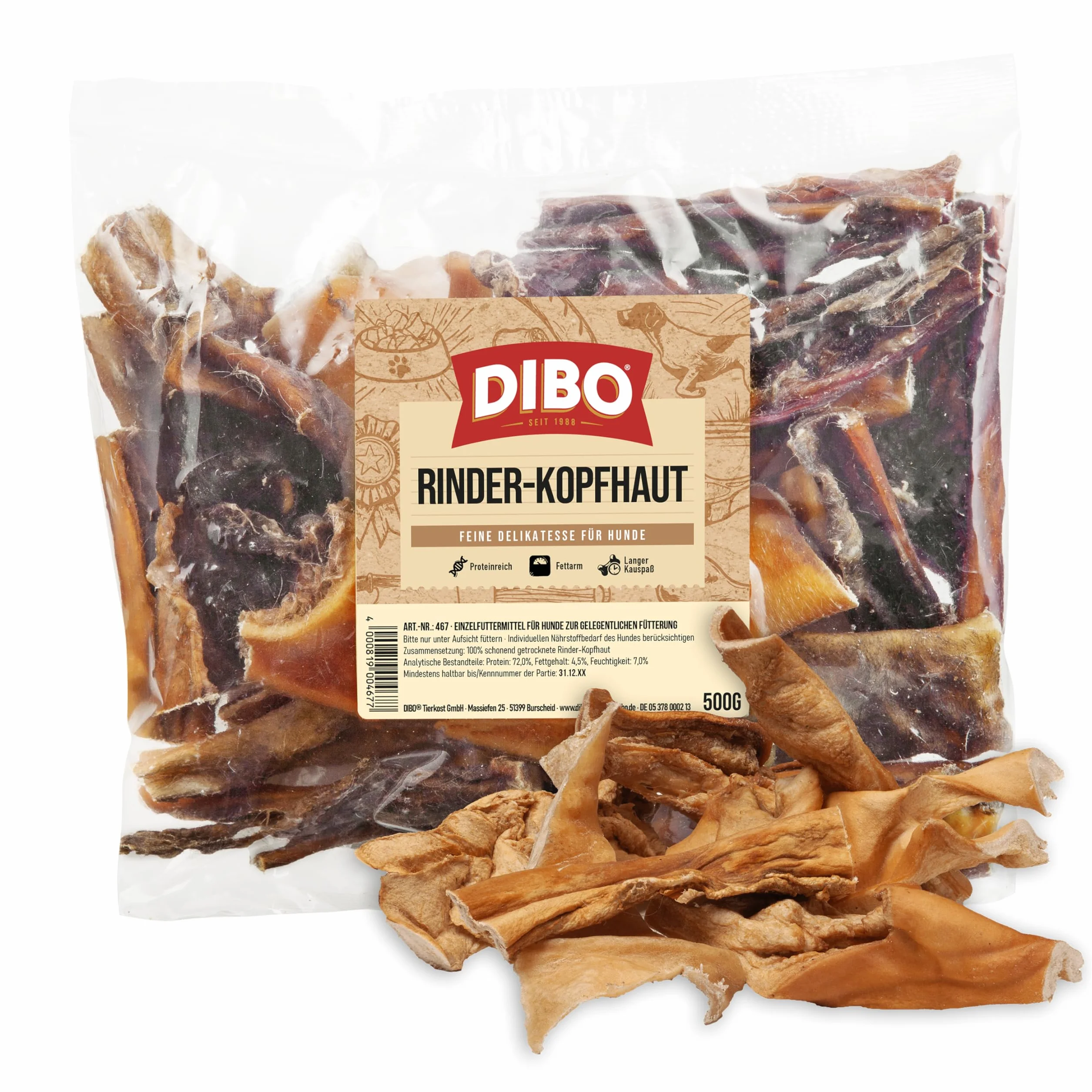 DIBO Cuoio capelluto bovino, sacchetto da 500 g, snack naturale o dolcetti per cani, articoli da masticare di qualità senza prodotti chimici