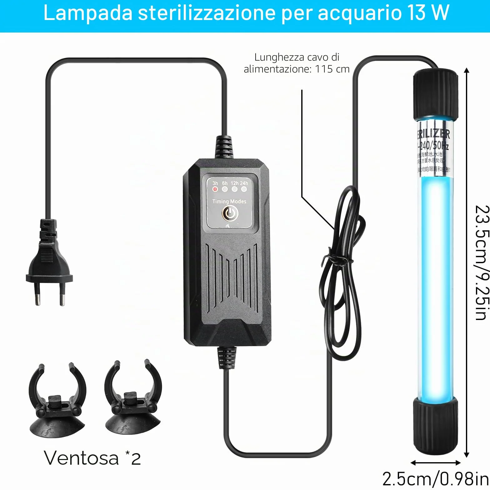 Luce sterilizzatrice UV per acquari, chiarificatore d'acqua da 13 W, con timer, lampada subacquea UV, impermeabile, luce UV sterilizzatore, luce UV immersibile, per acquari, laghetti da