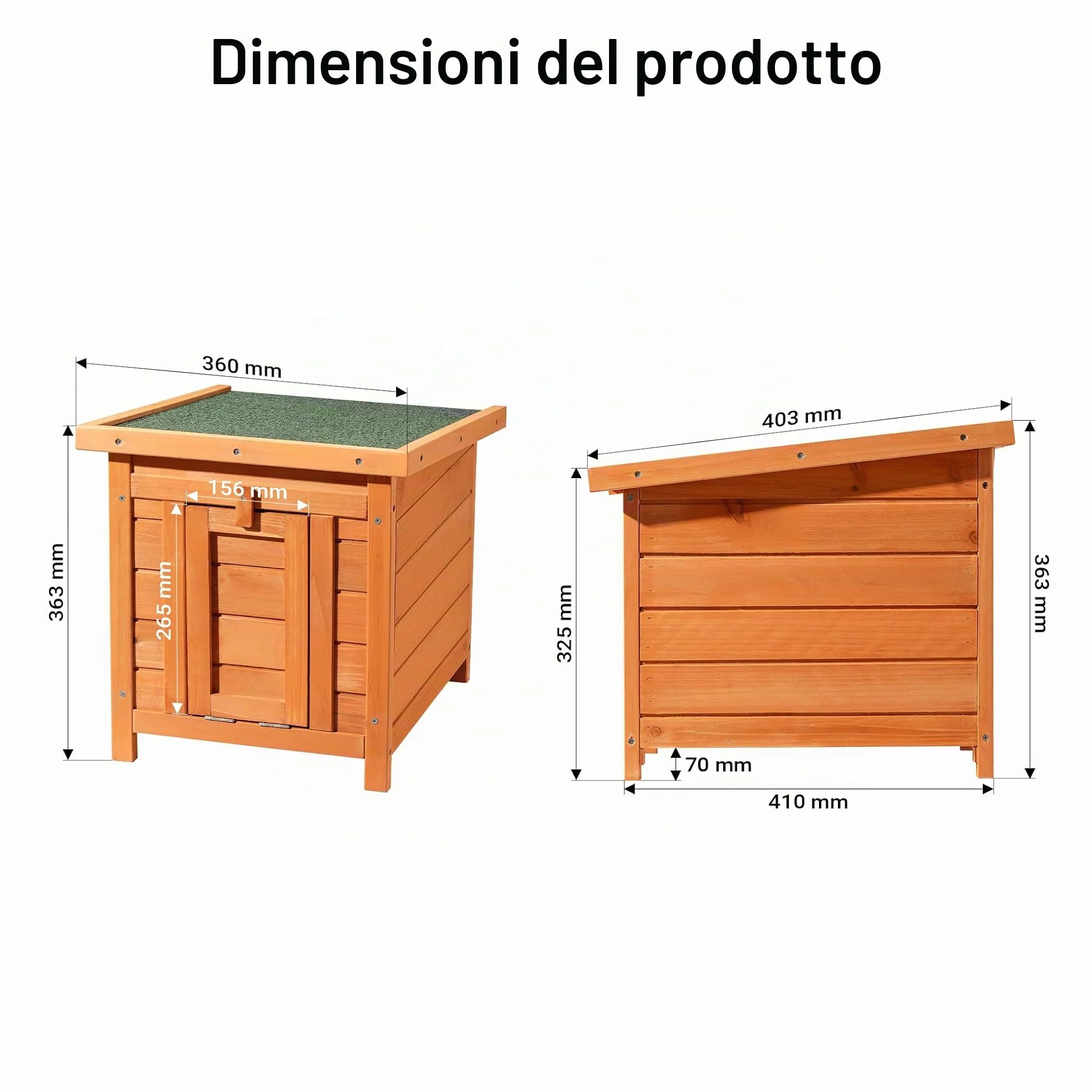 Wiltec Cuccia per gatti 420 x 515 x 430 mm in legno di abete rosso, casetta per conigli con tetto incernierato, guarnizione in bitume, conigliera per animali da giardino/balcone