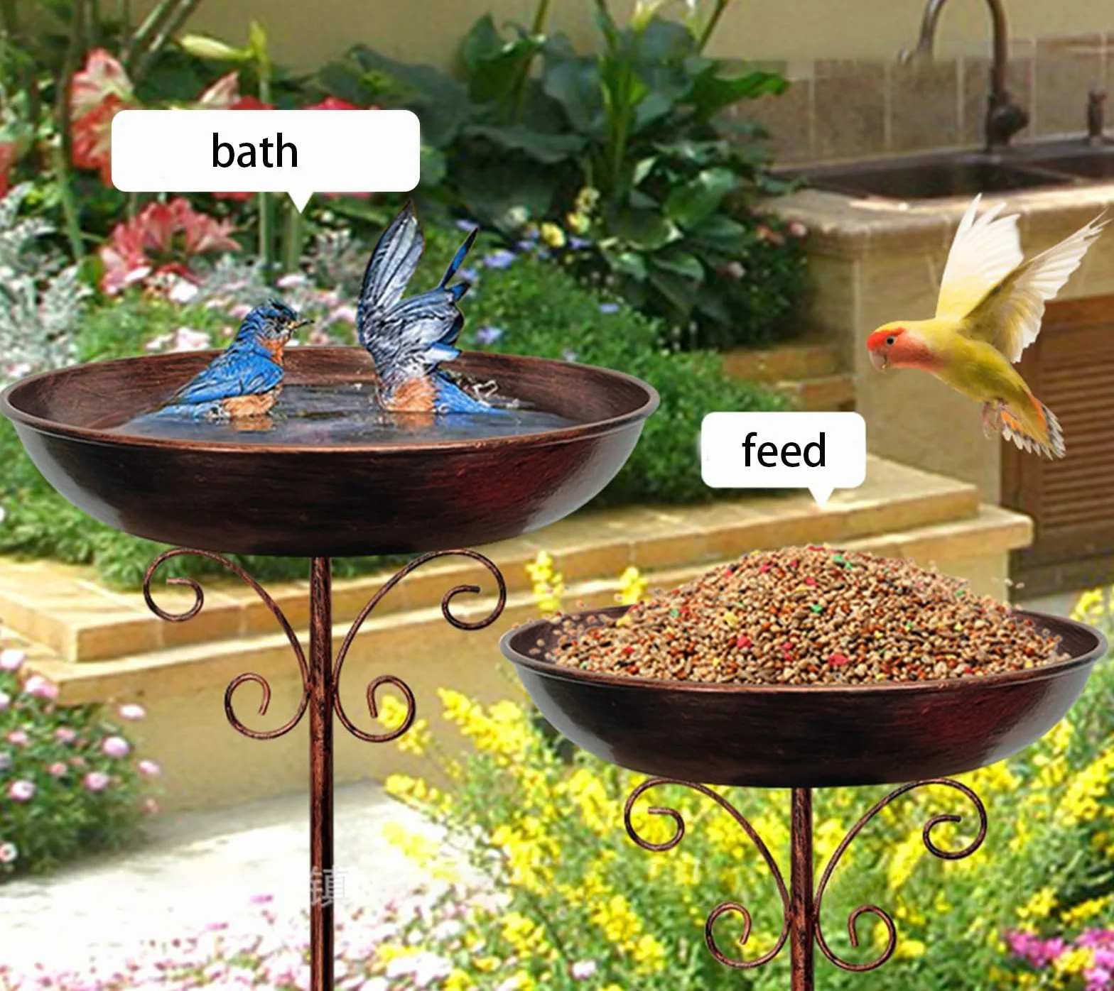 Abbeveratoio per uccelli da giardino, in metallo, per uccelli selvatici, per uccelli selvatici, per uccelli, mangiatoie, balcone, giardino
