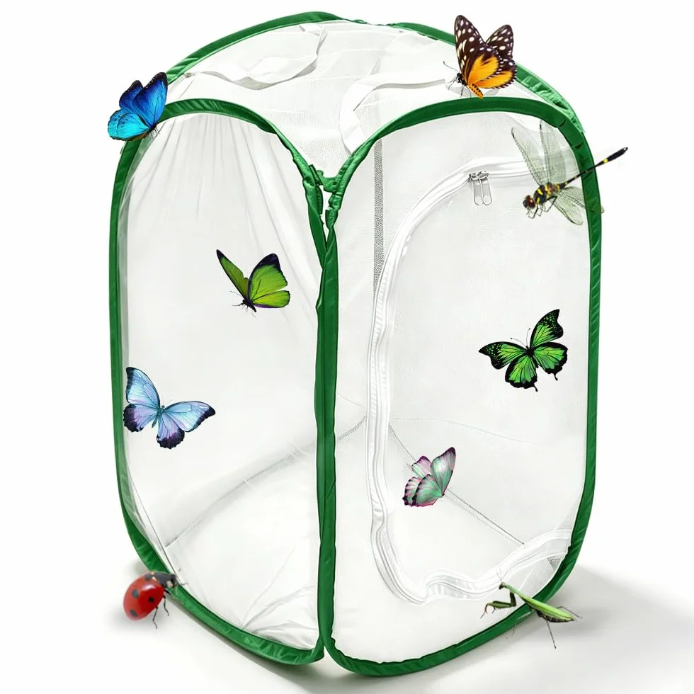 Gabbia per Insetti e Farfalle, 40×40×60 cm Gabbia per Farfalle Pieghevole, Gabbia per Habitat Farfalla con Cerniera e Maniglia, Gabbia per Insetti Portatile Pop-up per Piante, Insetti