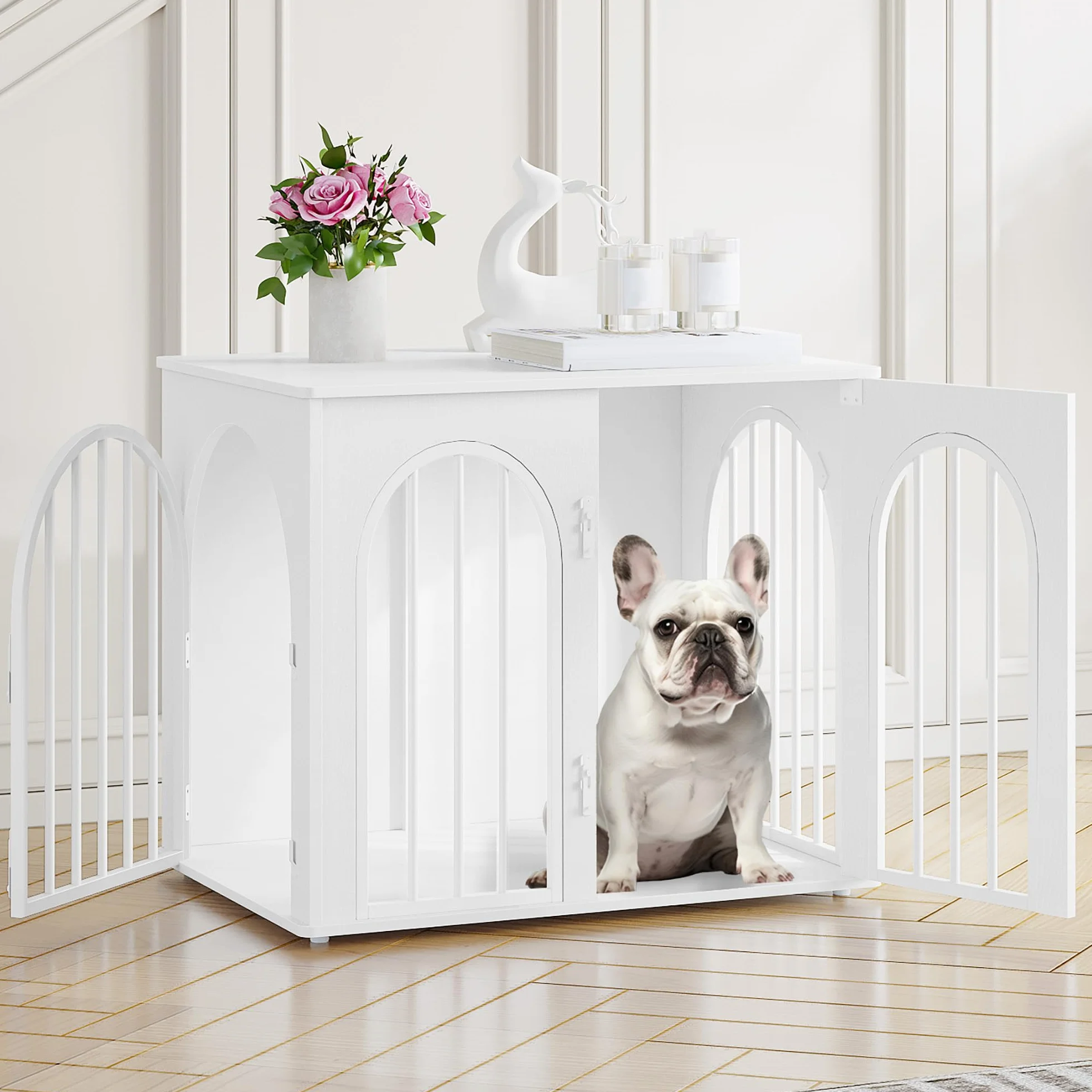 Hzuaneri 68 cm Gabbia per Cani, Tavolo Supplemento, Cuccia Moderna per Cani Interno, Gabbia per Cuccioli, Casetta per Animali, 3 porte, Porta ad arco, 49 x 68 x 56 cm, Bianco DFC85513W