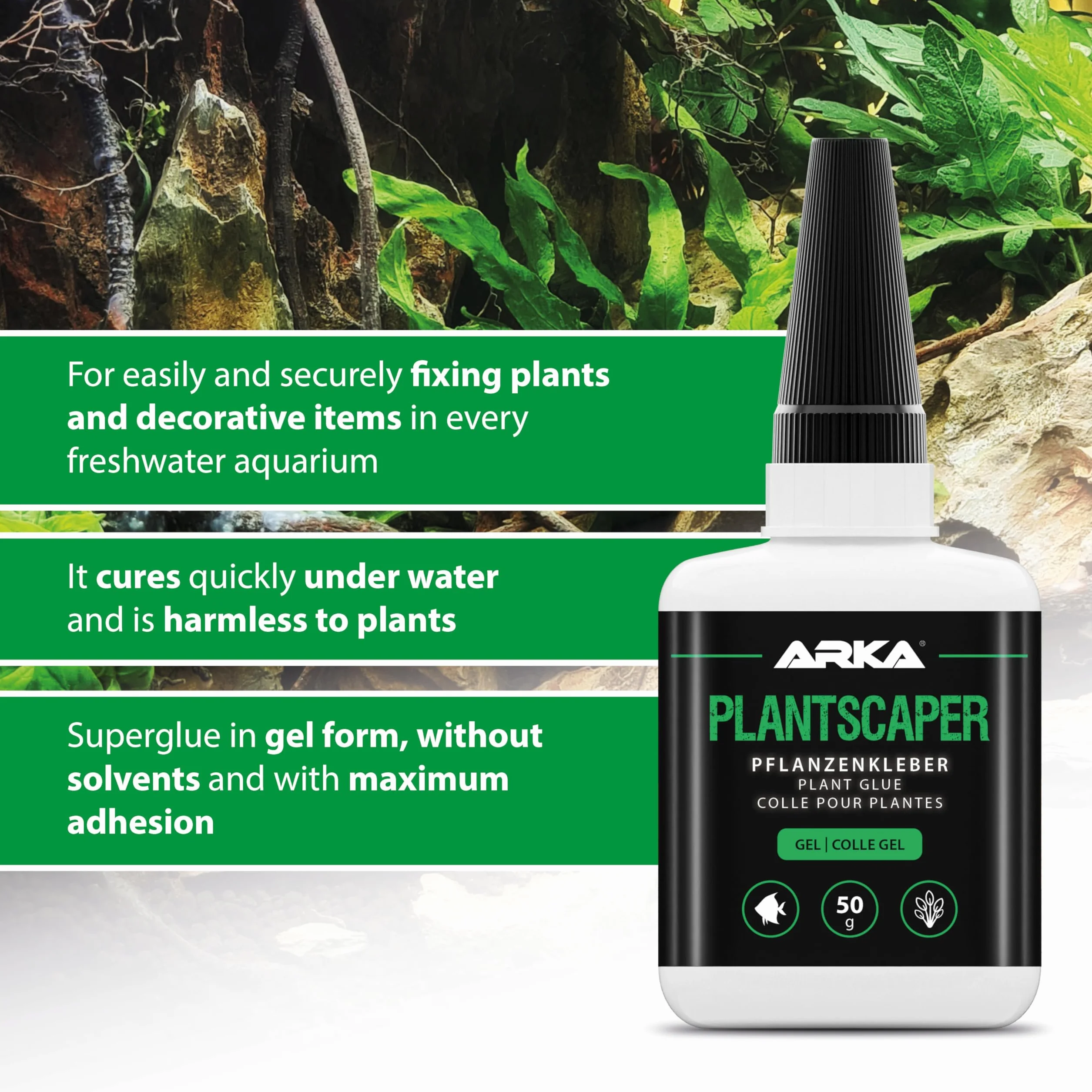 Colla piante acquario 50 g gel – ARKA Plantscaper – per muschi, radici, rocce e decorazioni – non cola, aderisce subito – sicura per gamberetti e piante – per aquascaping dolce – uso professionale
