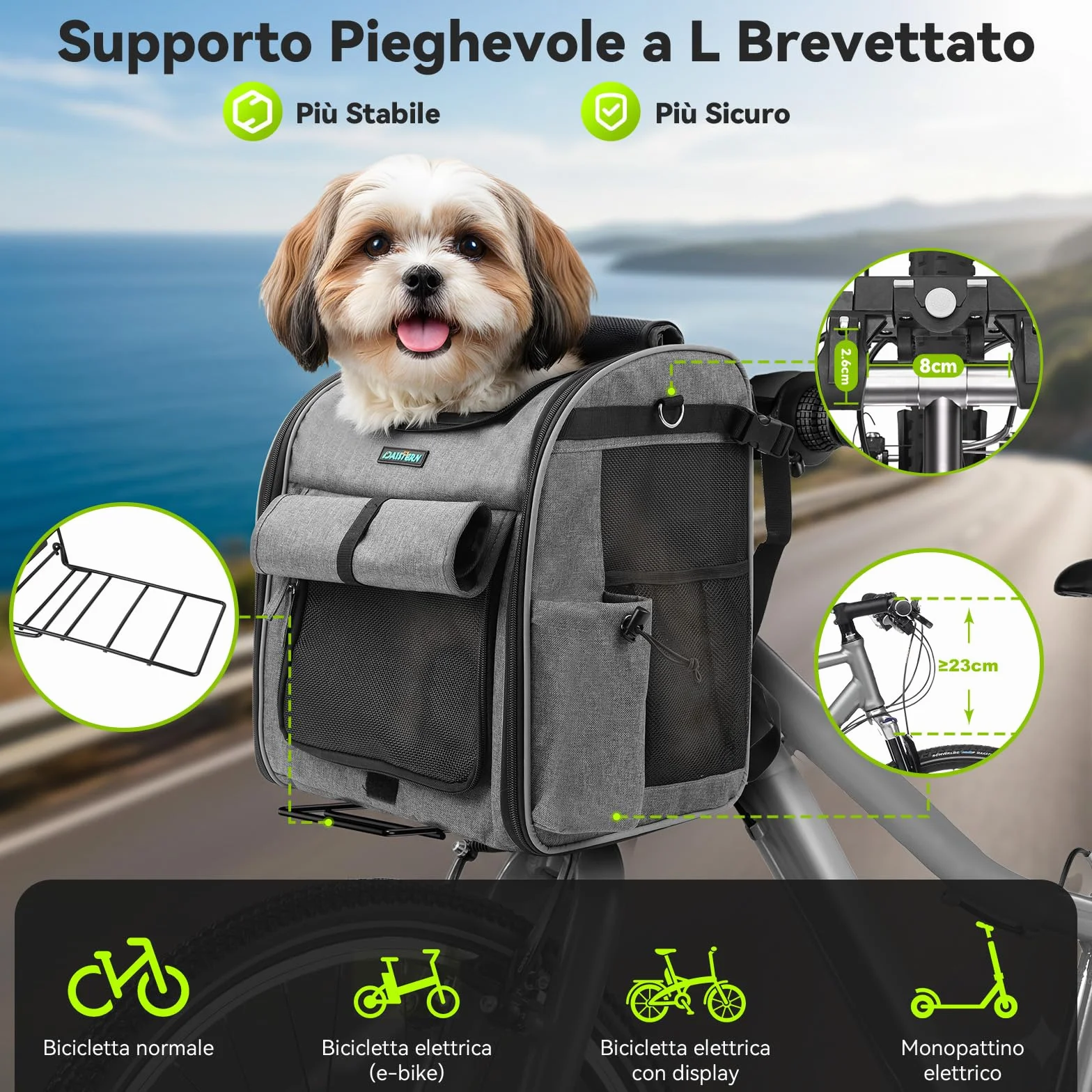 Cestino anteriore per cani, 4 in 1, pieghevole, per animali domestici, borsa a tracolla, sedile auto con supporto a L resistente, diametro 3,38 cm, cuscino impermeabile e strisce riflettenti