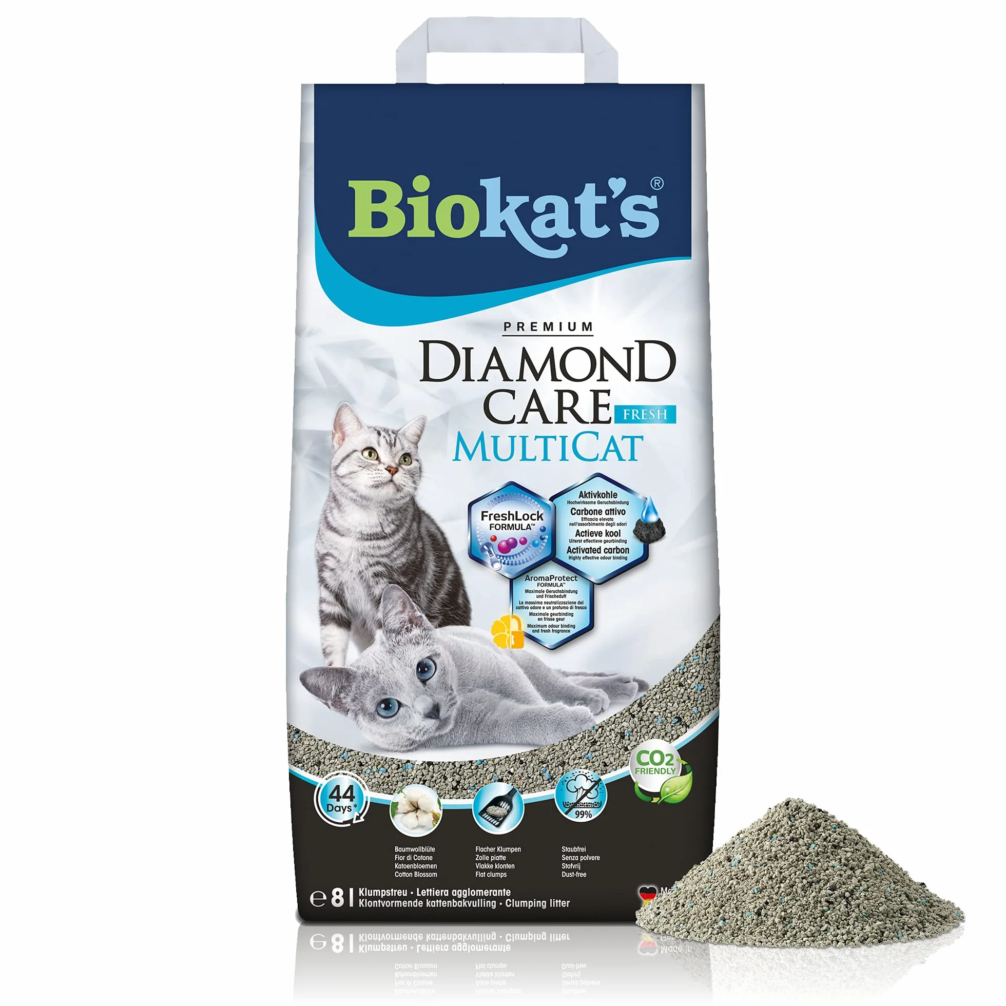 Biokat's Diamond Care MultiCat Fresh mit Duft - Feine Katzenstreu mit Aktivkohle speziell für Mehrkatzen-Haushalte - 1 Sack (1 x 8 L)
