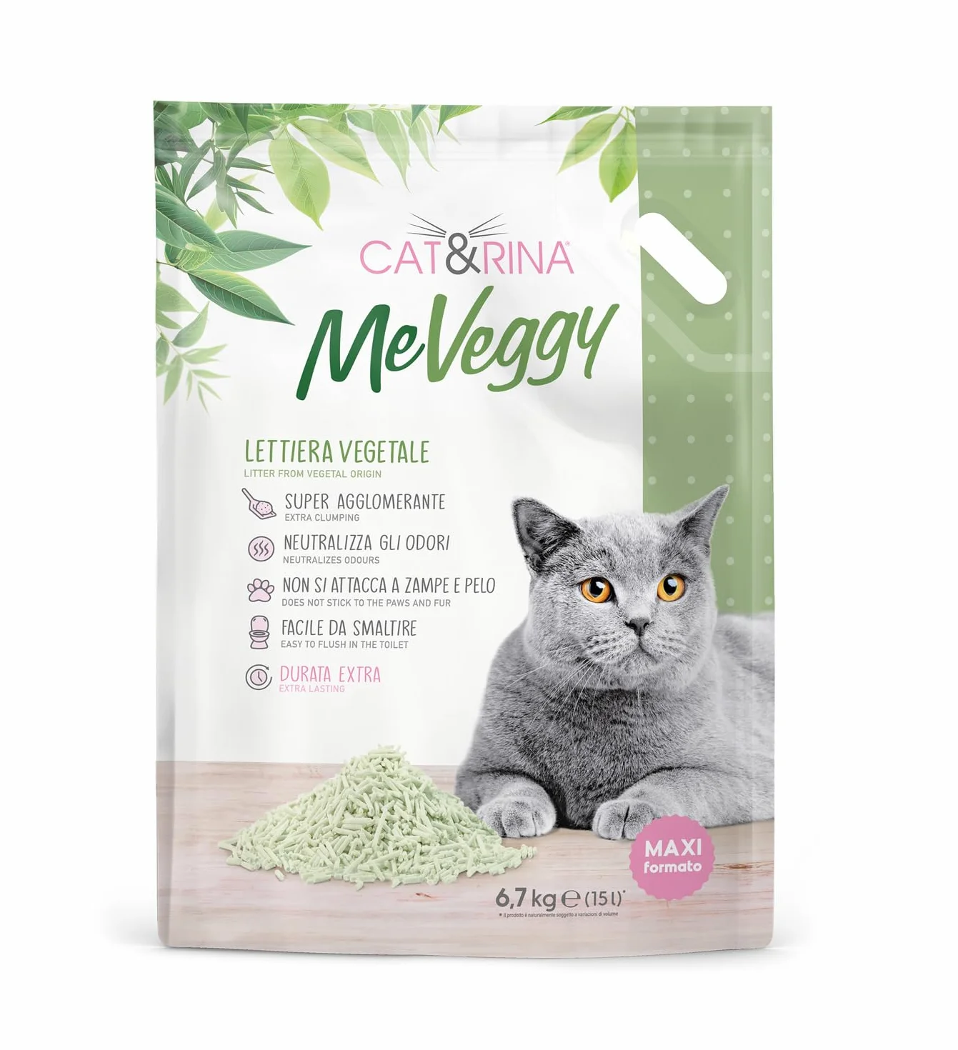 Cat&rina MeVeggy Lettiera Vegetale per Gatti da 15L di lunga durata. Sabbia Naturale e Agglomerante, smaltibile nell'organico o nel WC. Neutralizza gli odori e non si attacca a zampe e pelo.