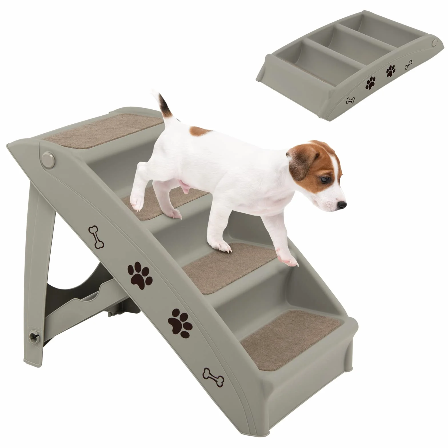 COSTWAY Scaletta Pieghevole per Animali, Scala di Plastica con 4 Gradini per Interno ed Esterno, con Feltro Morbido, Ideale per Animali di Piccola e Media Taglia, Capacità di Carico: 60 kg (Grigio)