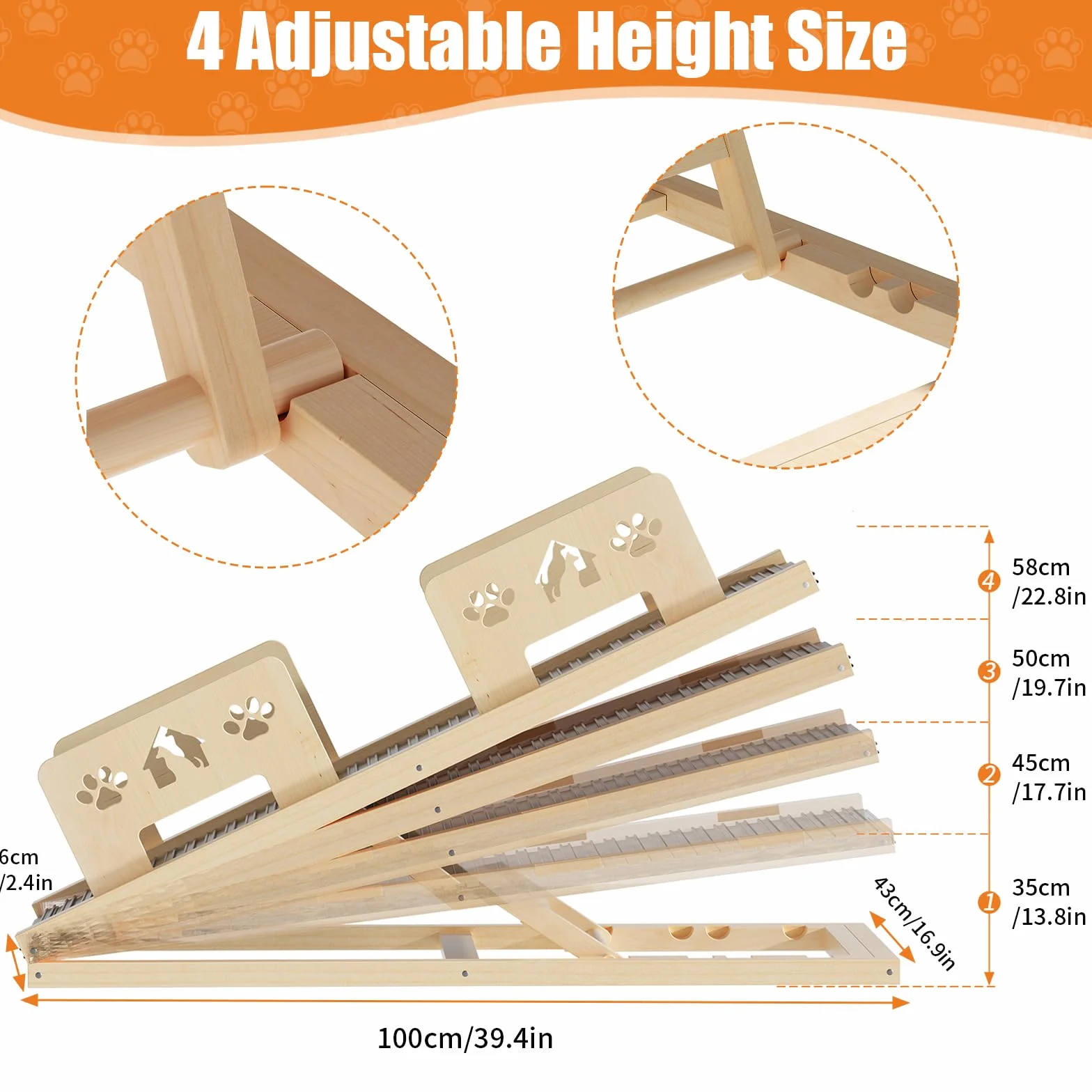Rampa per cani con ringhiera di sicurezza, in legno, per letto, divano, auto, altezza regolabile 35-58 cm, con tappetino antiscivolo, rampa per cani fino a 60 kg