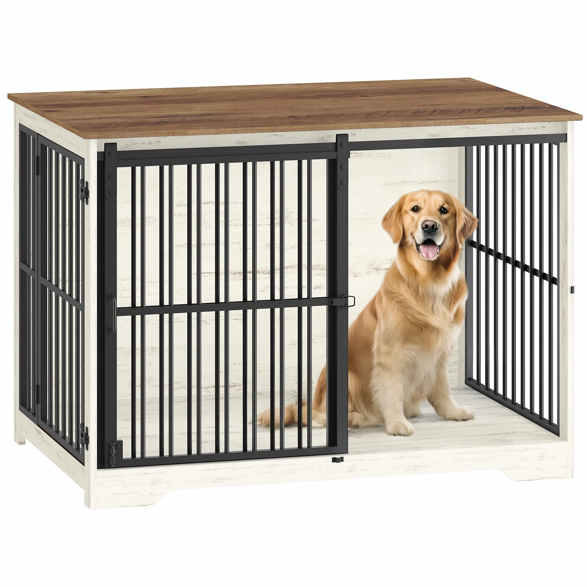 Hzuaneri 110cm Gabbia per Cani, Tavolo Supplemento, Nicchia Moderna per Cani, Gabbia per Cuccioli, Casetta per Animali, 2 porte, 65 × 110 × 81 cm, Bianco Marrone DFC84414B