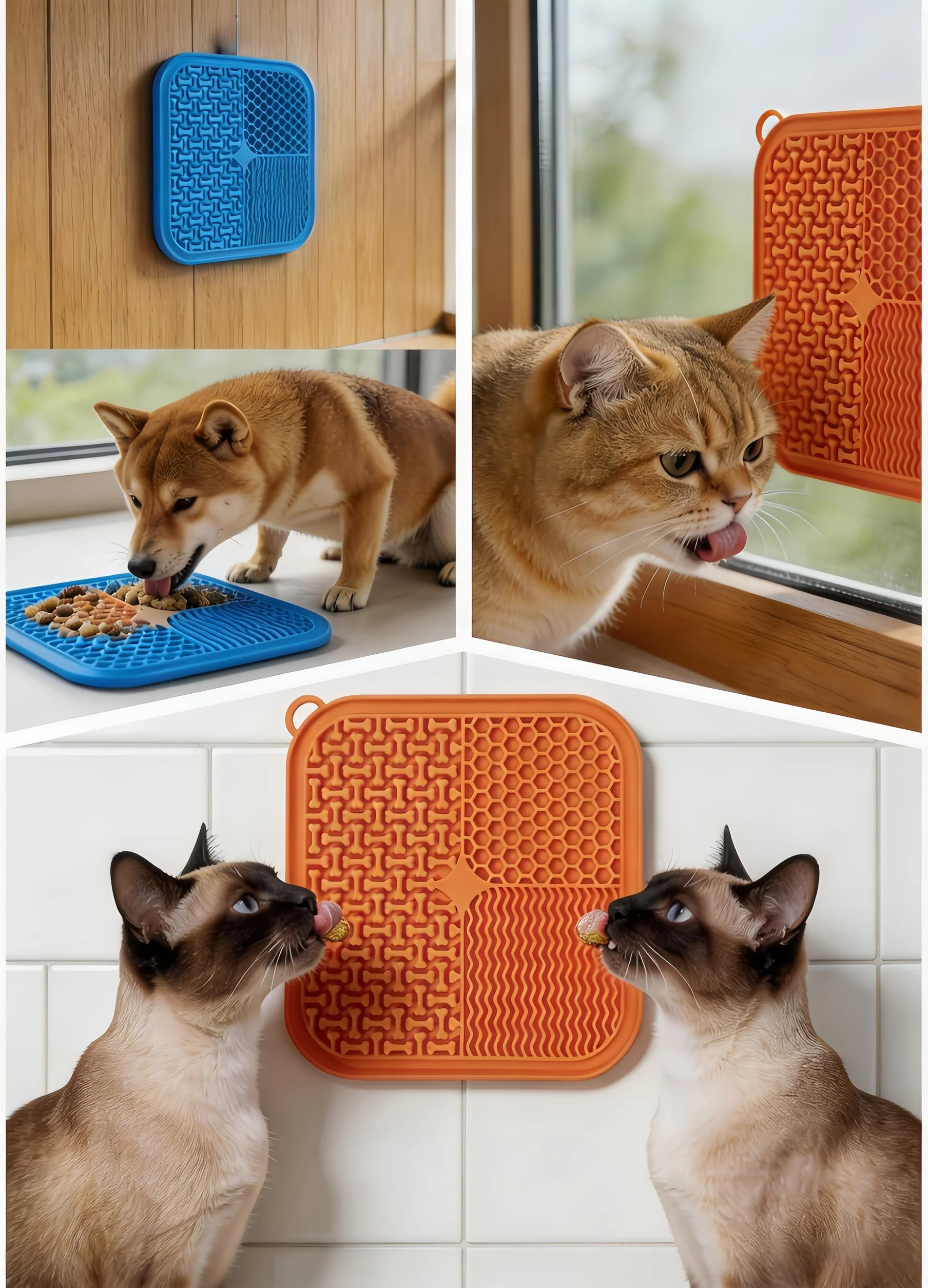 Confezione da 2 tappetini per cani e gatti, in morbido silicone, forte ventosa, divisori multifunzionali per alleviare l'ansia (arancione e blu)
