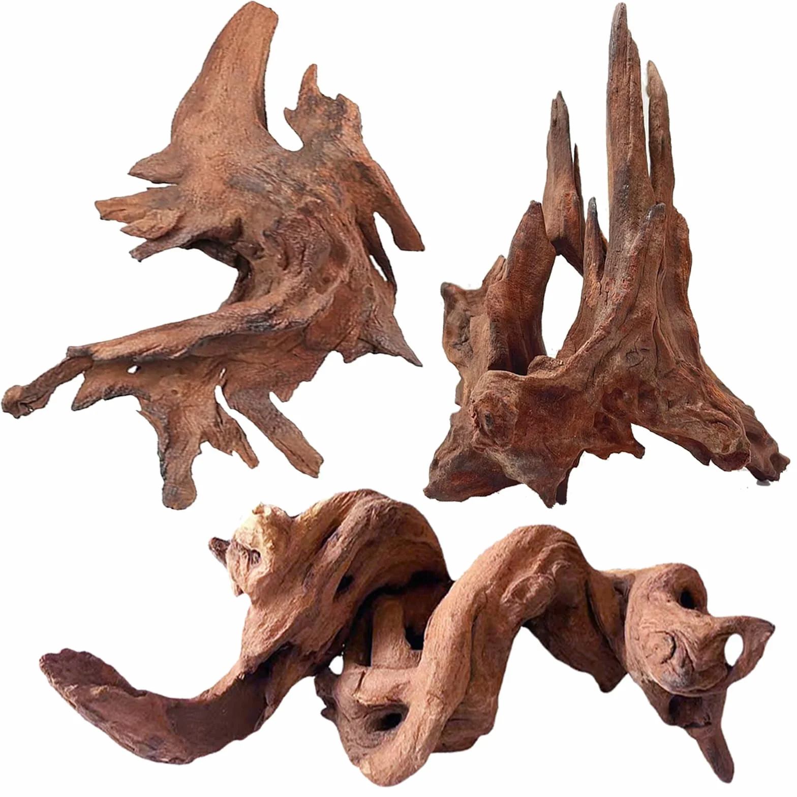 Jorewood Legno naturale per acquario, per acquari e terrari per rettili, decorazioni sicure per acquari, rami intrecciati unici, 3 pezzi, 17-28 cm, tannino basso, facile da affondare