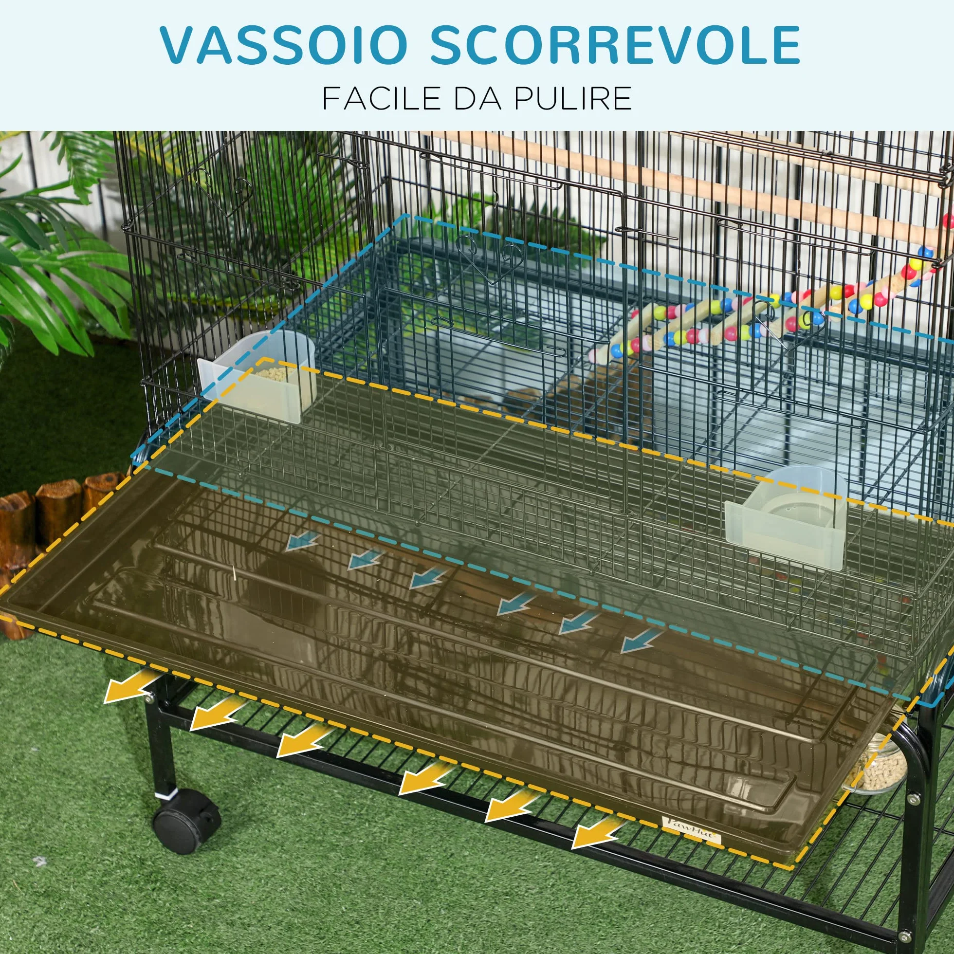PawHut Gabbia per Uccelli 133 cm, Voliera per Cocorite, Calopsite, Canarini, Inseparabili, Fringuelli con Ruote, 4 Contenitori, Giochi, Vassoio Rimovibile, Ripiano, Nero