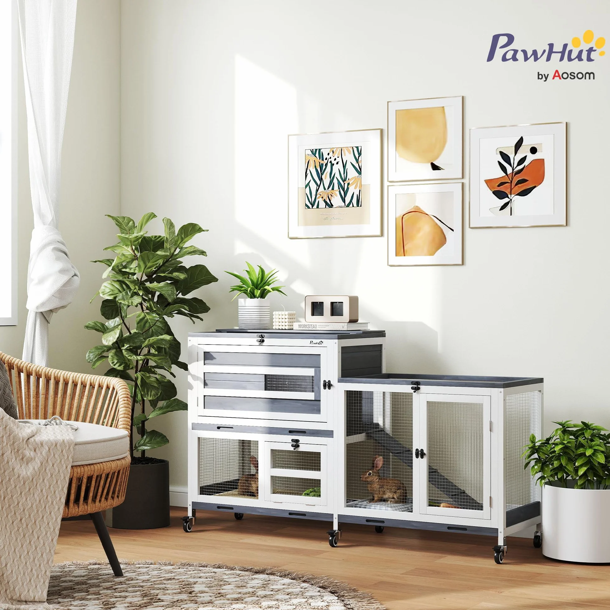 PawHut Conigliera da Interno a 2 Livelli, Gabbia per 2-3 Conigli con 6 Ruote, Rampa, Tetto Apribile, Area Aperta e 3 Vassoi, Cassetta per Conigli in Legno di Abete, 147x45x89.5 cm, Grigio
