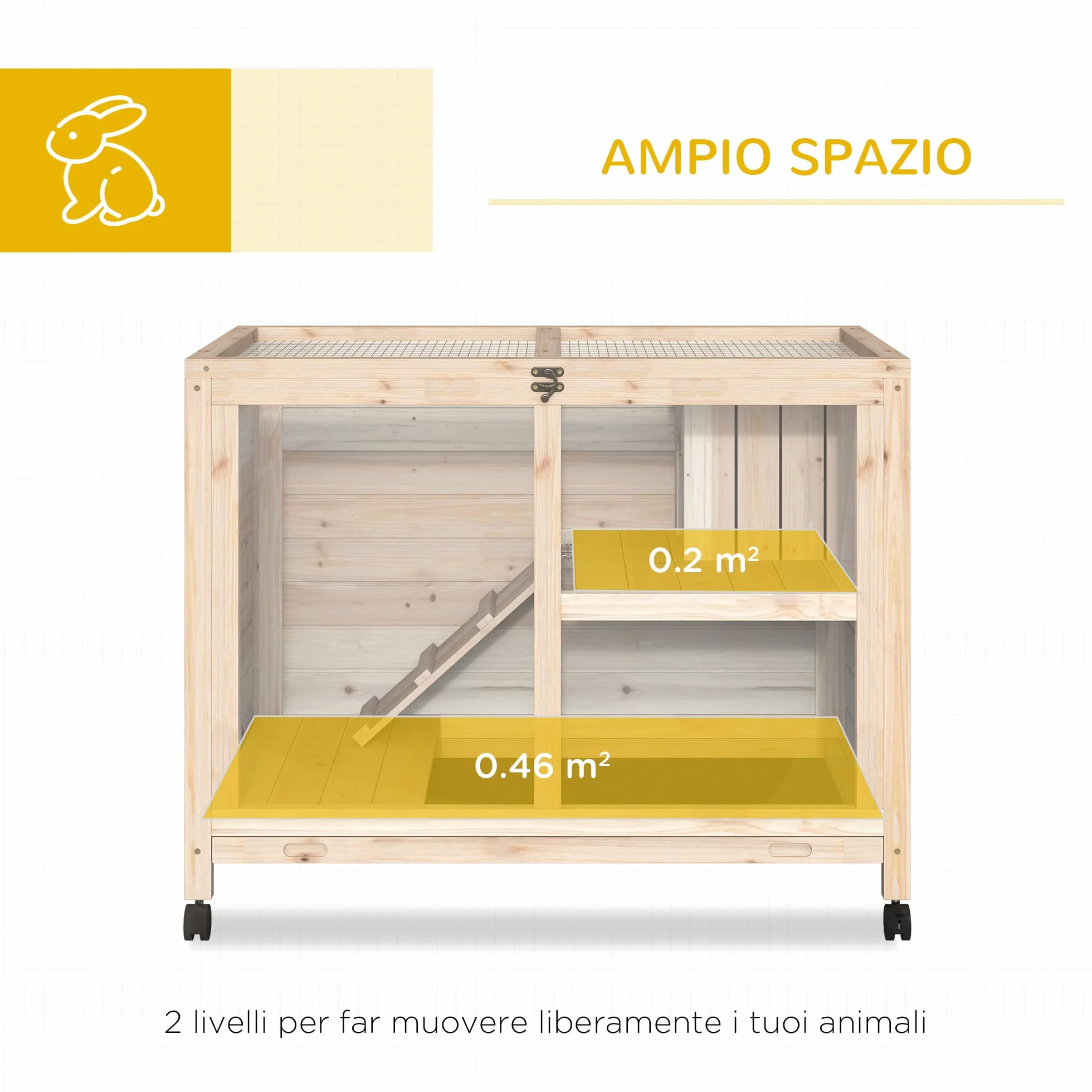 PawHut Conigliera in Legno a 2 Livelli con Casetta per Conigli e Porcellini d'India, Gabbia per Conigli con Rampa e Vassoio Estraibile, 91.5x53.3x73cm, Color Legno