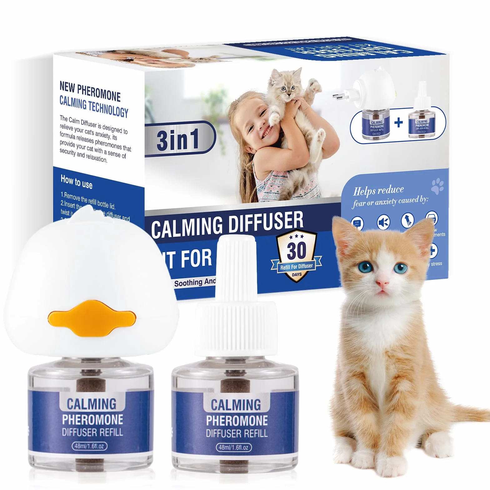 Feromoni Gatto Calmante 3 IN 1 Per Gatti Diffusore Di Kit Felini Rilassanti E Tranquillante Irrequieti Tranquillanti Antistress Repellente Gocce Calmanti Insapore（1 Tappo + 2 Ricariche Da 48ml）