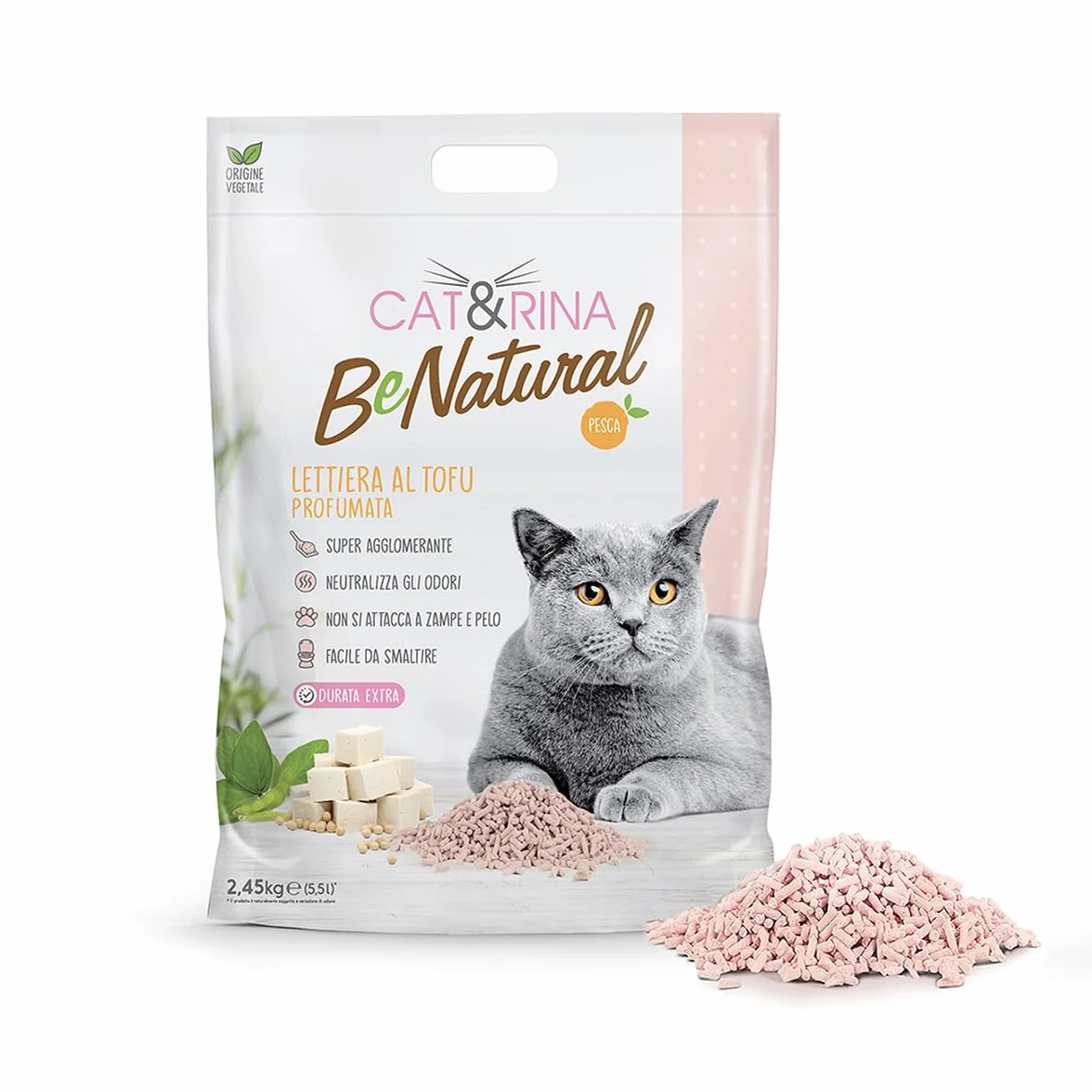 Cat&Rina BeNatural, lettiera per gatti al tofu agglomerante di origine vegetale. Fino a 30 giorni di utilizzo. Si smaltisce nell'organico o nel wc. alla Pesca.