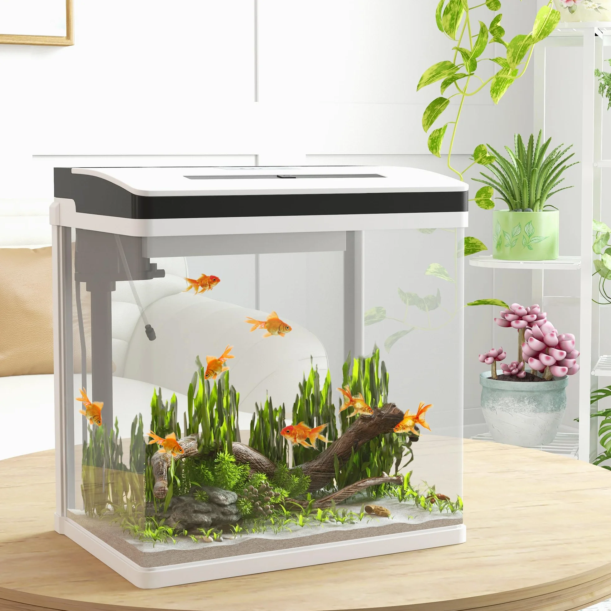 PawHut Acquario per Casa da 28L a Illuminazione LED con Fori di Ventilazione e Pompa Silenziosa, Vaschetta per Pesci in Vetro HD e ABS, 38x26x38 cm, Bianco e Trasparente