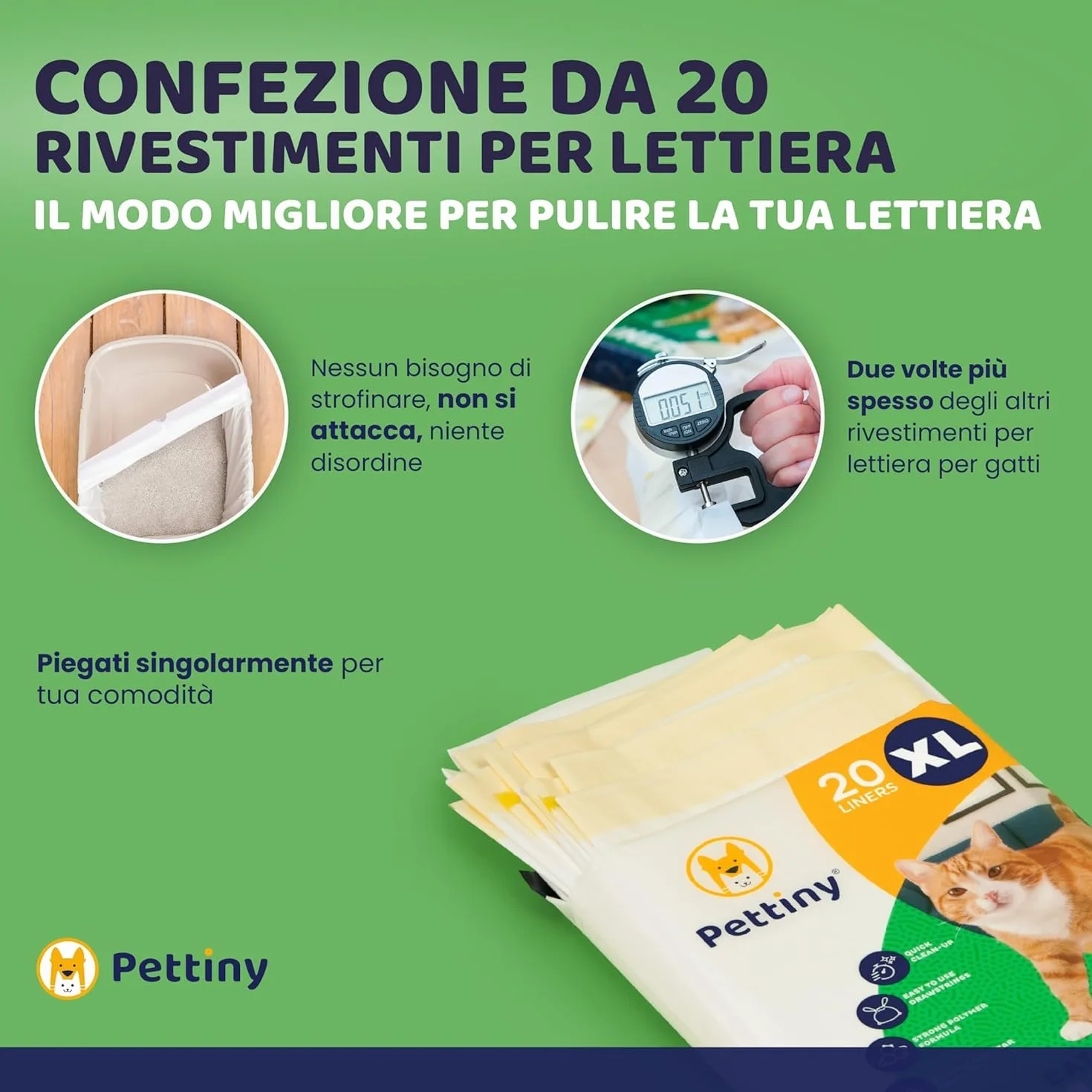 Pettiny 20 Sacchetti XL per Lettiera per Gatti con Coulisse Sacchi Resistenti ai Graffi per Cassetta Igienica Grande