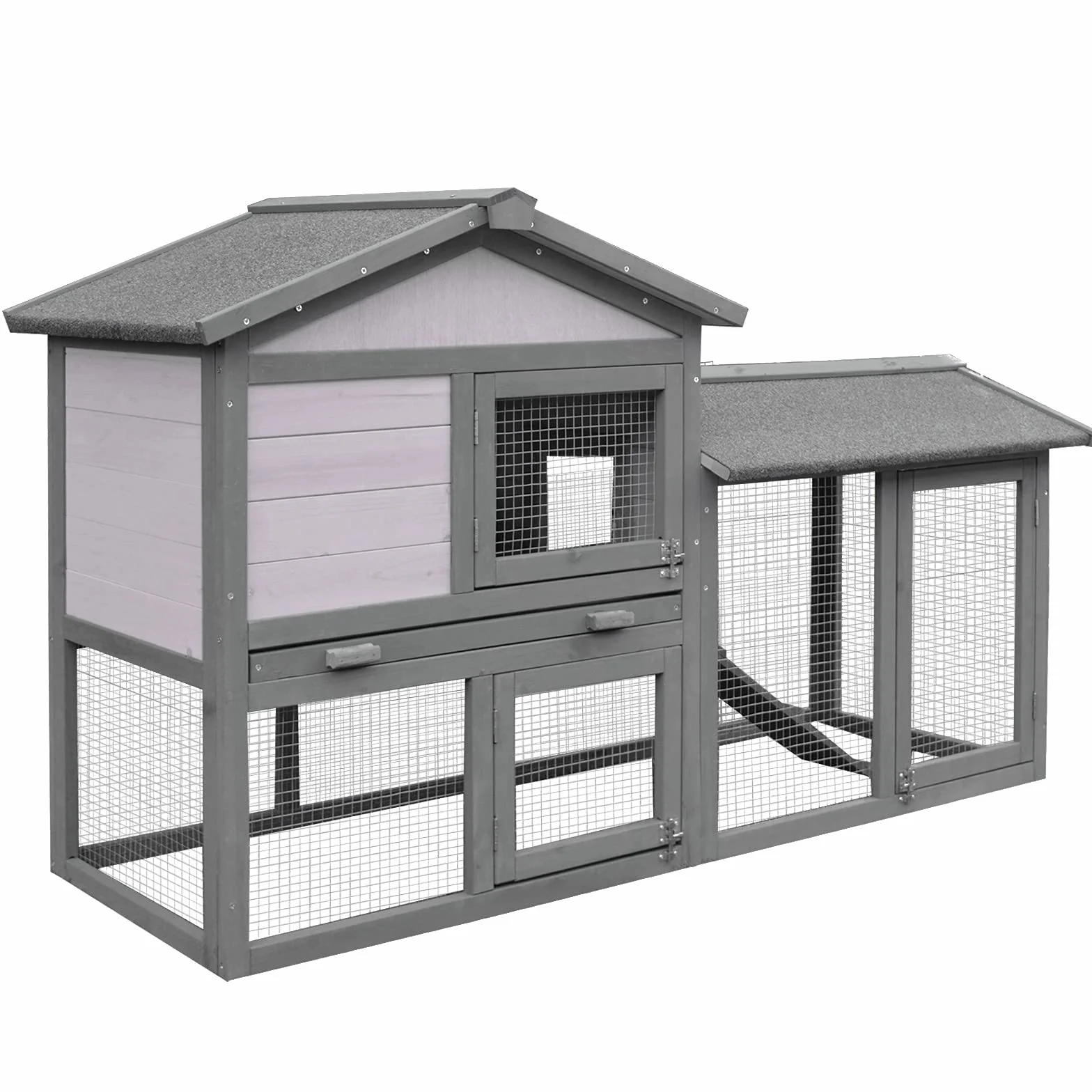 PawHut Conigliera Gabbia per Conigli in Legno da Esterno con Casetta, Spazio Aperto Recintato e Tetto 147x54x84cm
