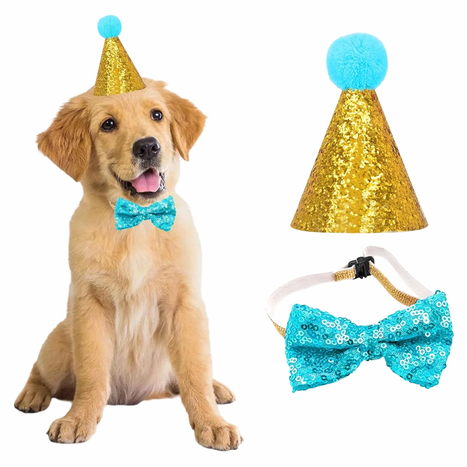 Cappello per Cani Compleanno Regolabile con Collare Papillon e Numero Blu, 3 Pezzi