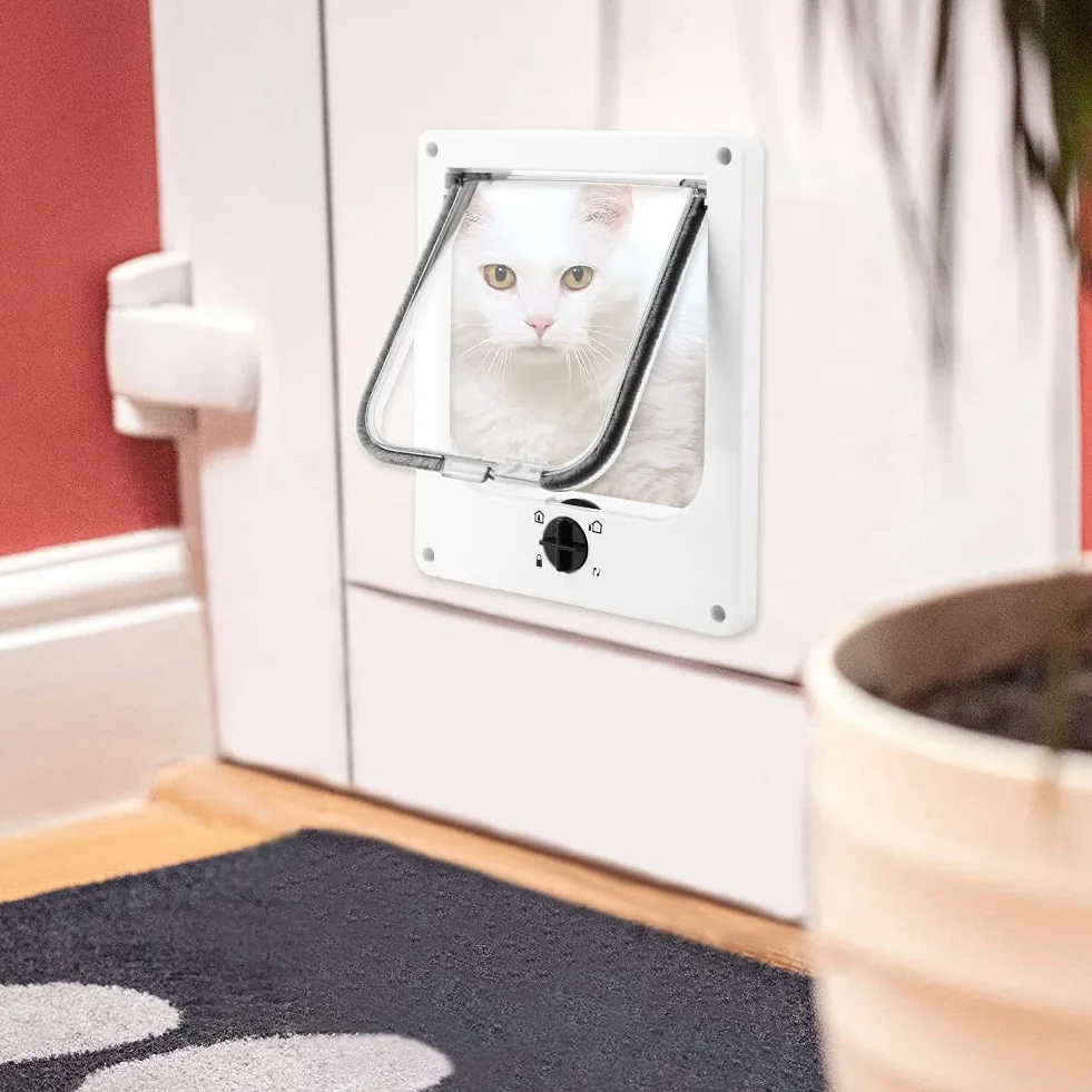 Porta per Gatti Grande, Gattaiola con a 4 Vie con Magneti per Gatti, Portina Gatto Facile da Installare, Porta Basculante per Animali Manuale for Parete/Legno/UPVC (Bianco,L)