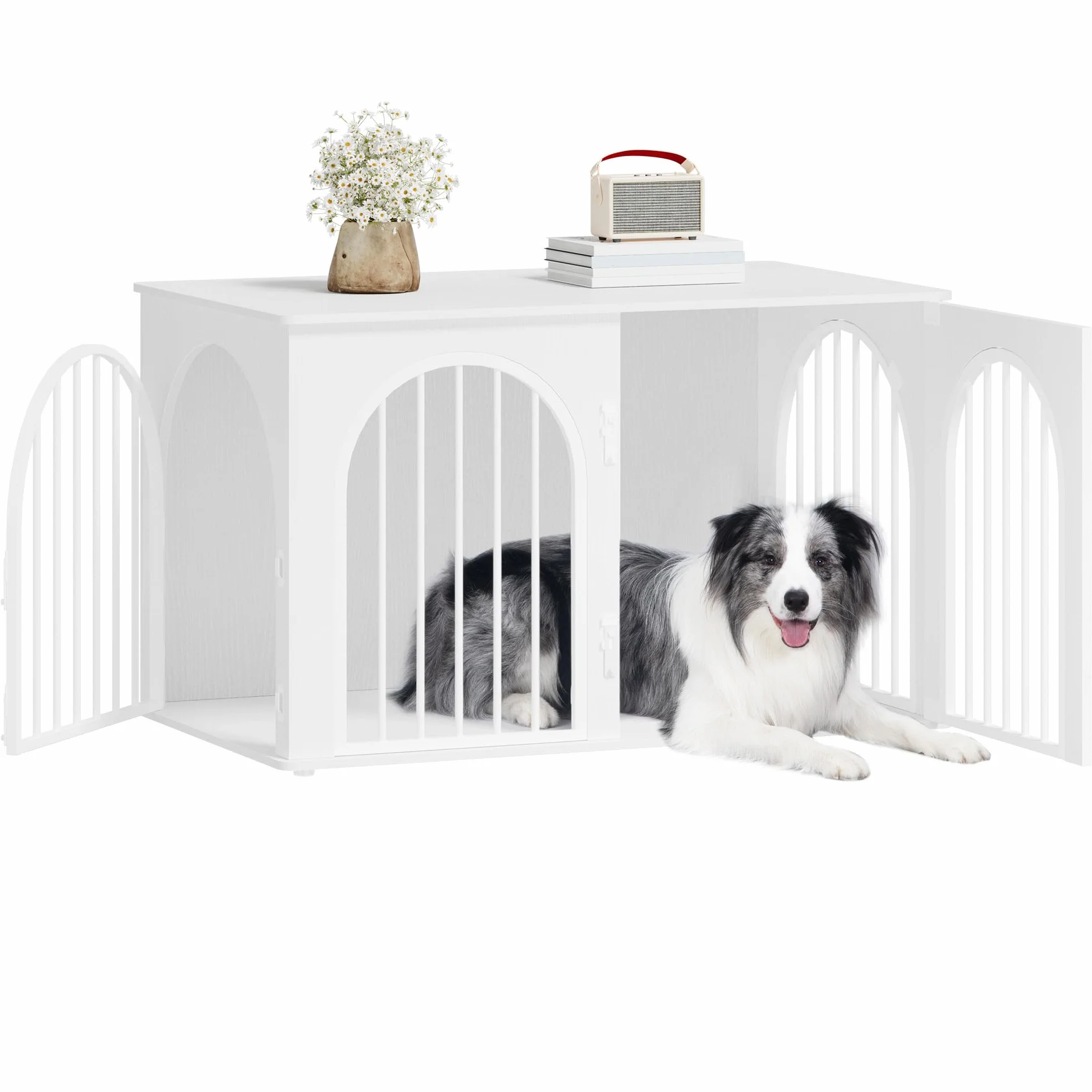 Hzuaneri 100cm Gabbia per Cani, Tavolo Supplemento, Cuccia Moderna per Cani Interno, Kennel cane Medio, Casetta per Animali, 3 porte, Porta ad arco, 100 x 60 x 63 cm, Bianco DFC84113W
