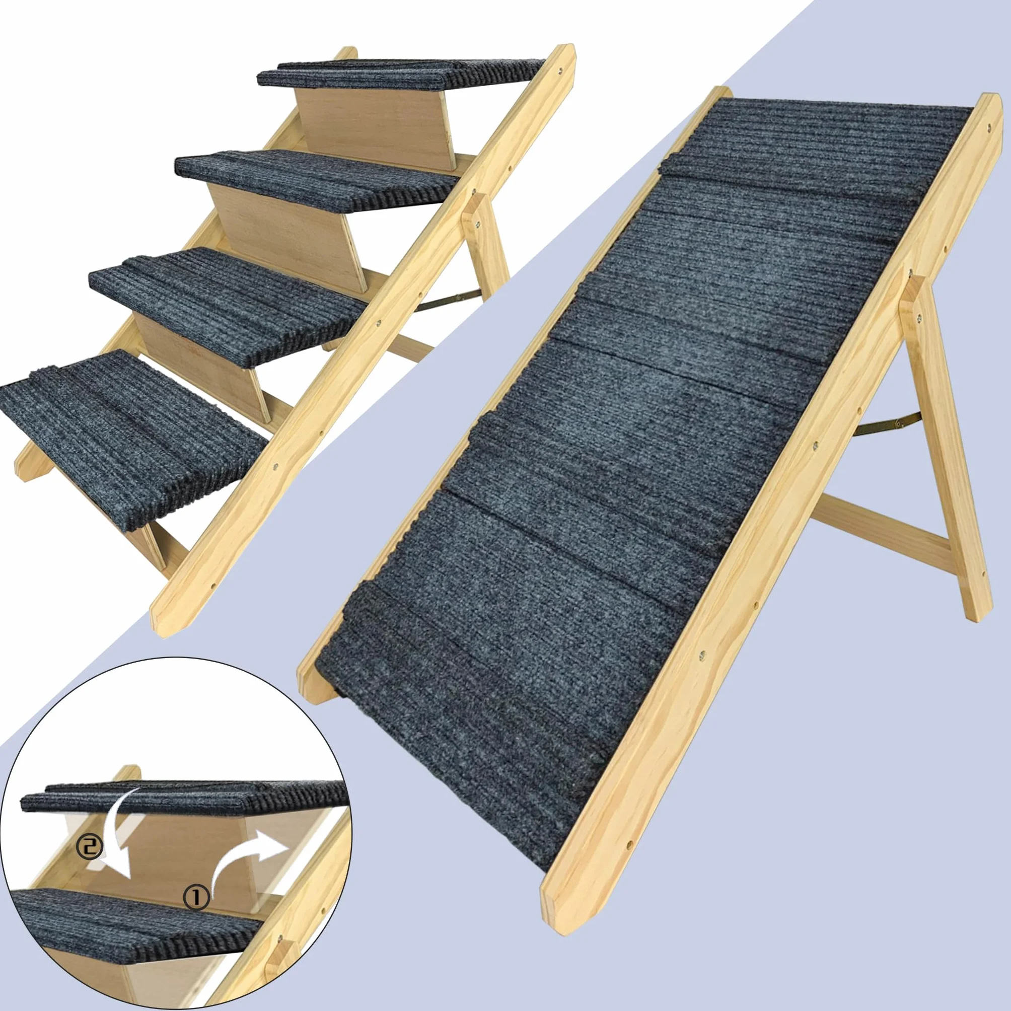 FIVMEN Scaletta per cani 2 in 1 Rampa per cani in legno pieghevole Regolabile in altezza con tappetino antiscivolo Scaletta per animali domestici per letto e divano, 100x47x63cm
