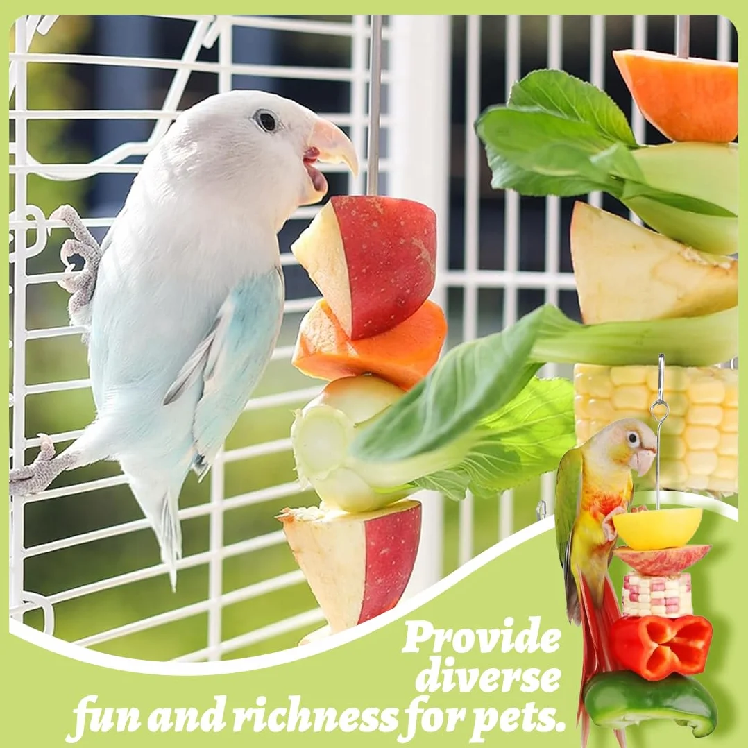 4 Pezzi Spiedino Portafrutta per Pappagalli, Mangiatoia per Pappagalli, Accessorio Appeso alla Gabbia per Foraggiamento del Cibo, Portafrutta per Uccelli, Giochi per Pappagalli, Acciaio Inox