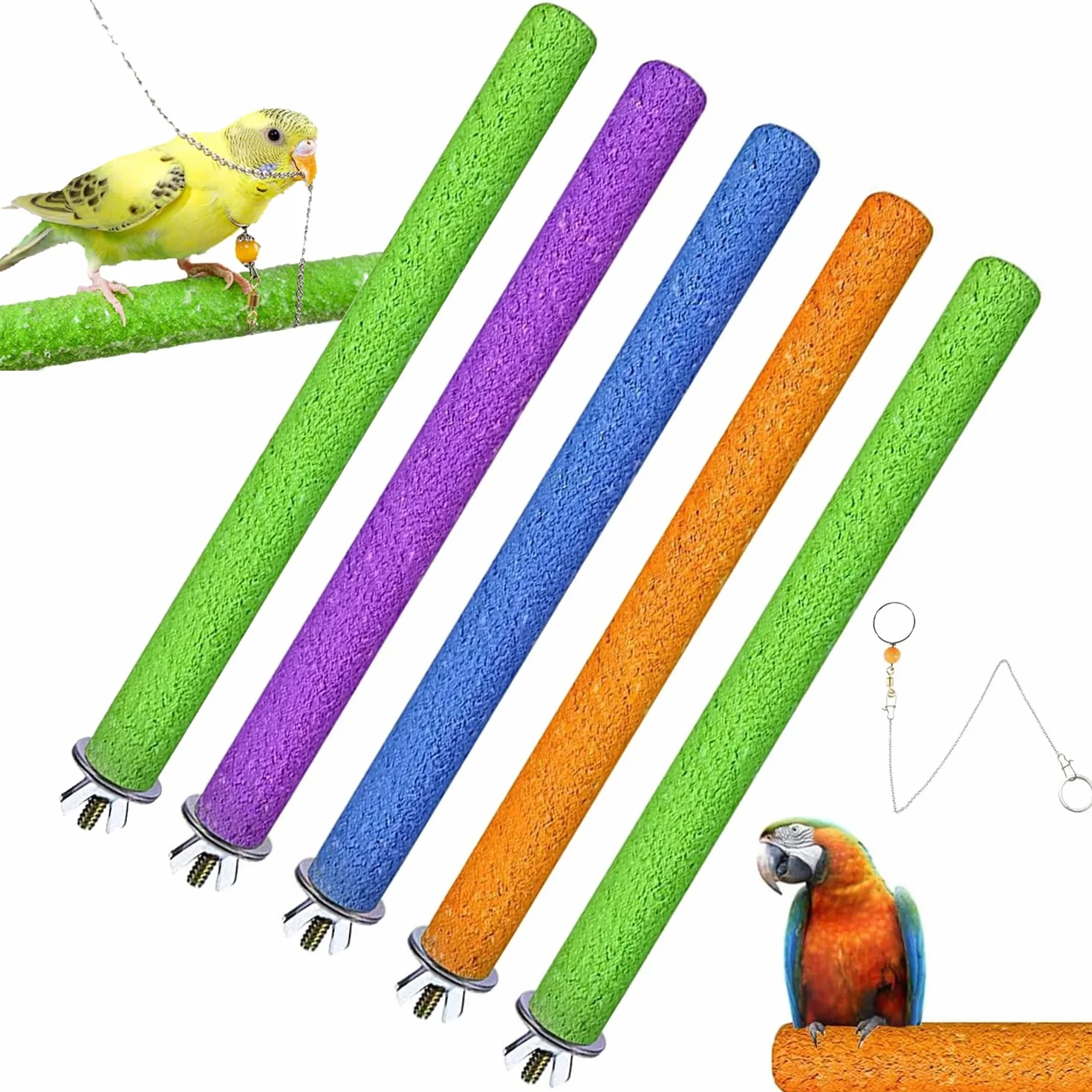 5 Pezzi 20cm Posatoi Pappagalli Giochi Trespoli Naturale Paw Grinding Giocattolo per Pappagalli Uccello Masticare Giocattoli della Viene fornito con un collare per pappagalli, Colore casuale
