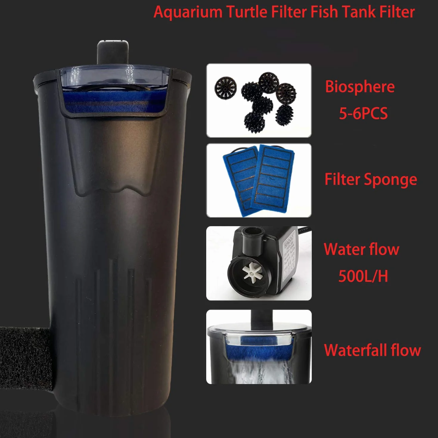 Filtro per tartarughe per acquario, filtro a basso livello, a cascata, filtro sommergibile per acquari (600 l/h) (nero)