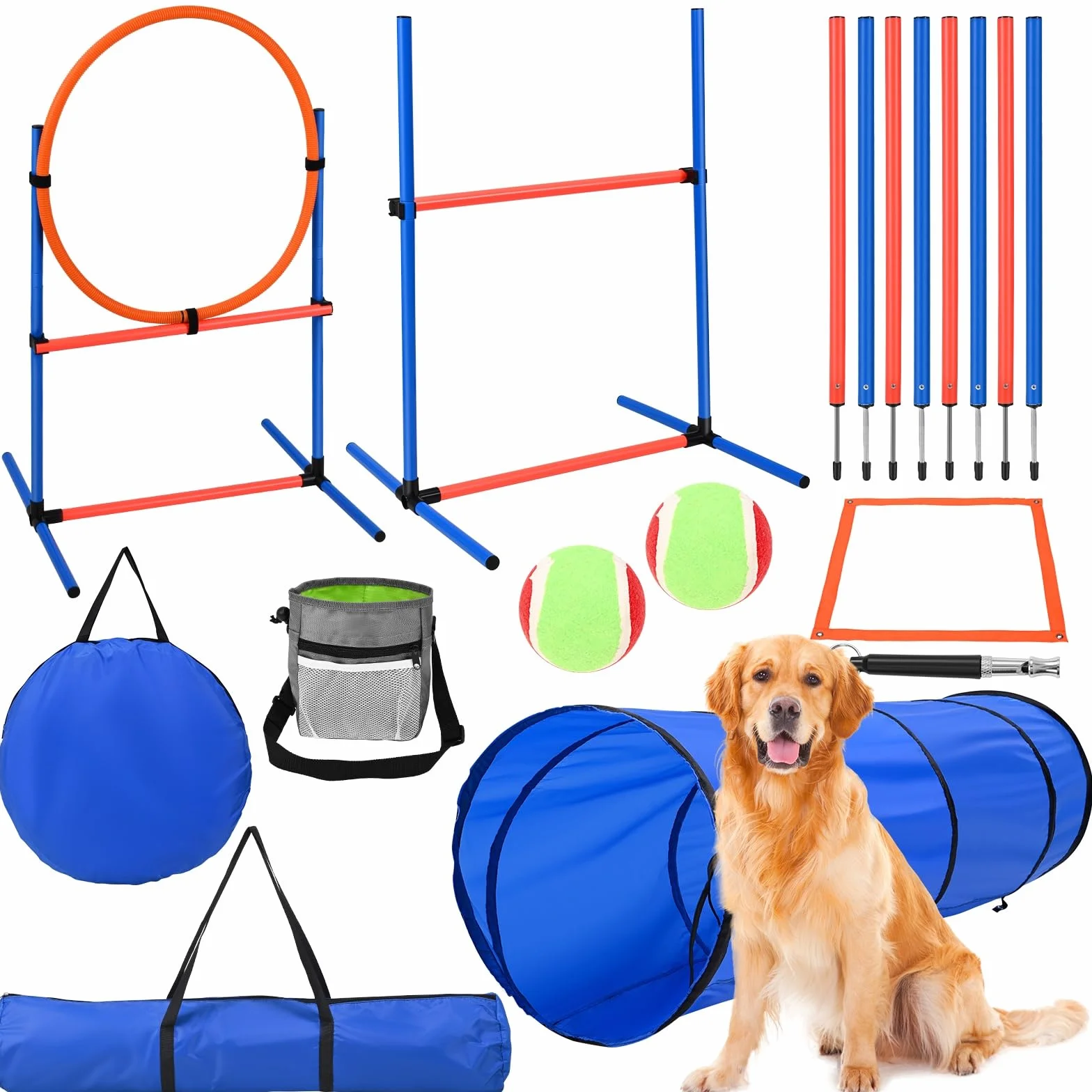 Agility Dog Attrezzatura Ostacoli 70 Pezzi per Cani Grandi con Tunnel, Anello per Saltare, 2 Palline, Borsa per Trasporto