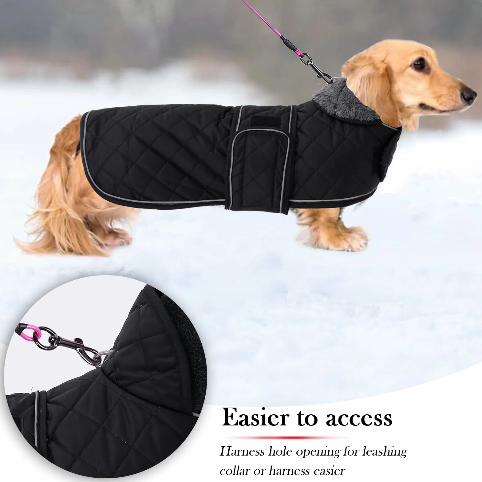 Geyecete - Cappotto Invernale termico trapuntato per cane bassotto,con fodera in pile caldo, abbigliamento per cani da esterno con foro per Imbracatura,Giacca per cani piccola y media-Nero-S