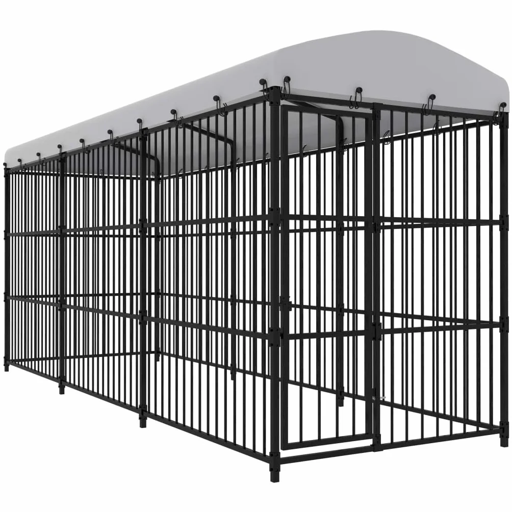 vidaXL Canile da Esterno con Tetto Robusta Sicura con Serratura Box Gabbia Protezione Recinzione per Cani 450x150x210 cm in Acciaio Zincato Nero