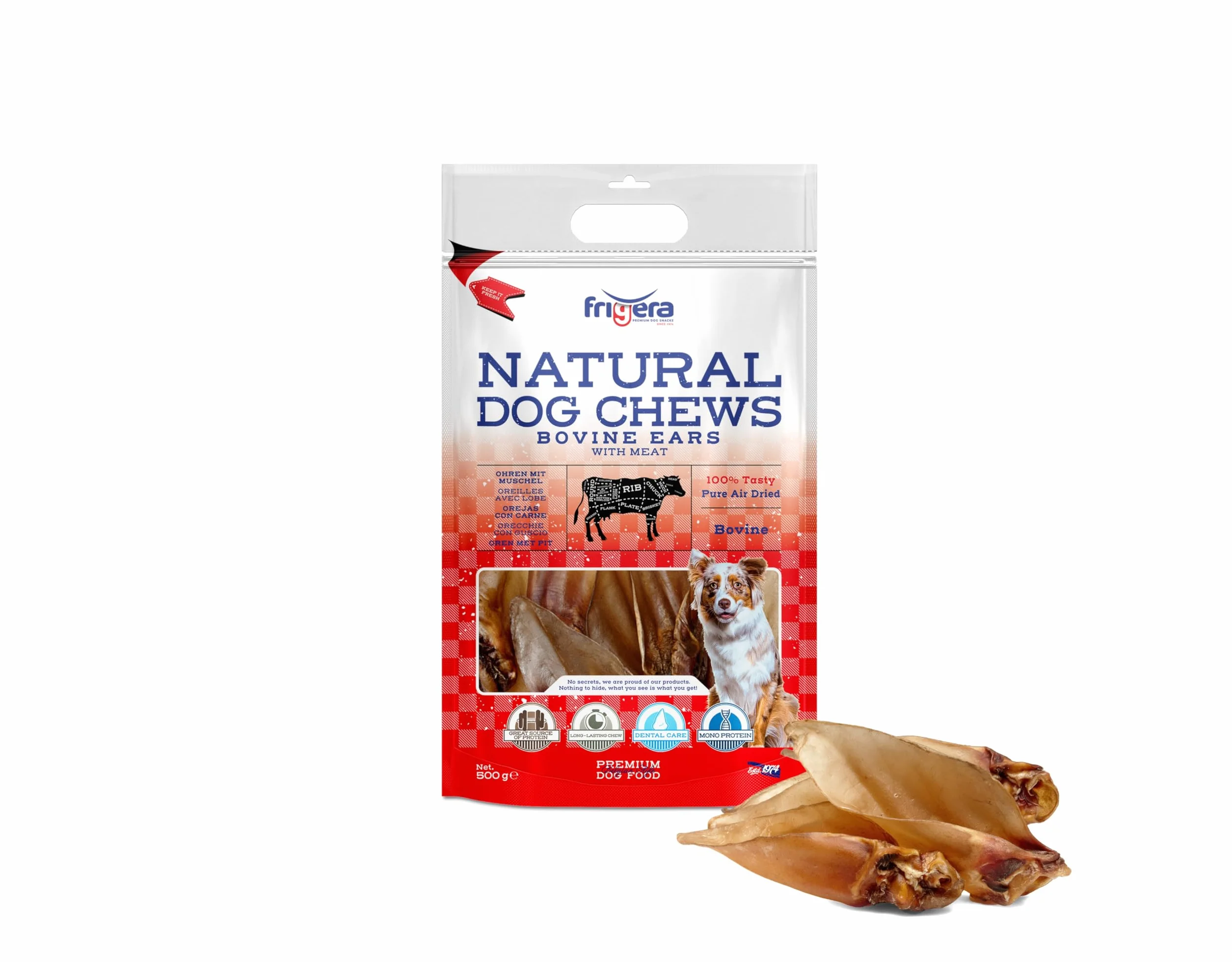 Frigera Orecchie di manzo con conchiglia, 500 g, naturali, ricchi di proteine, per cani, senza glutine e cereali, snack per cani di alta qualità senza additivi
