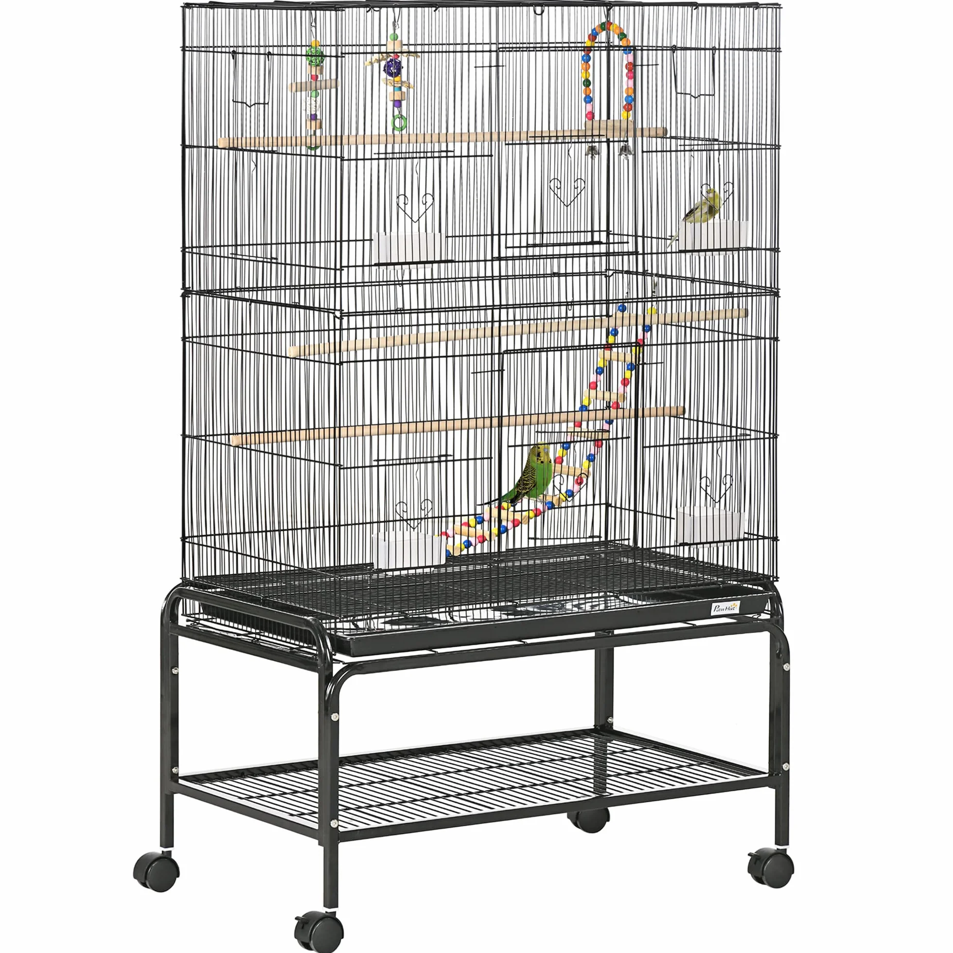 PawHut Gabbia per Uccelli 133 cm, Voliera per Cocorite, Calopsite, Canarini, Inseparabili, Fringuelli con Ruote, 4 Contenitori, Giochi, Vassoio Rimovibile, Ripiano, Nero