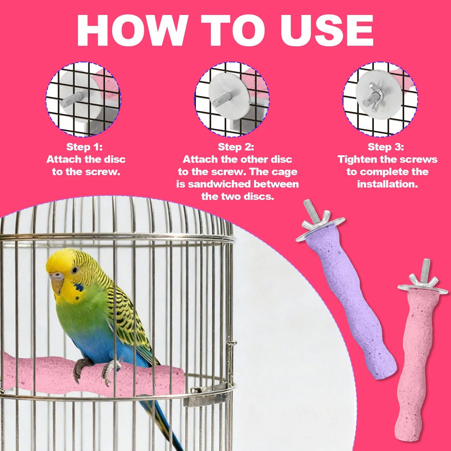 2pz Pietra per Affilare Becco Uccello, Resina Anti-Scadimento Becco Smerigliatrice Pietra Posatoi Uccello Pappagallo Gabbia Posatoio Supporto per Pappagallo Cacatua Gabbia (Rosa, Viola)