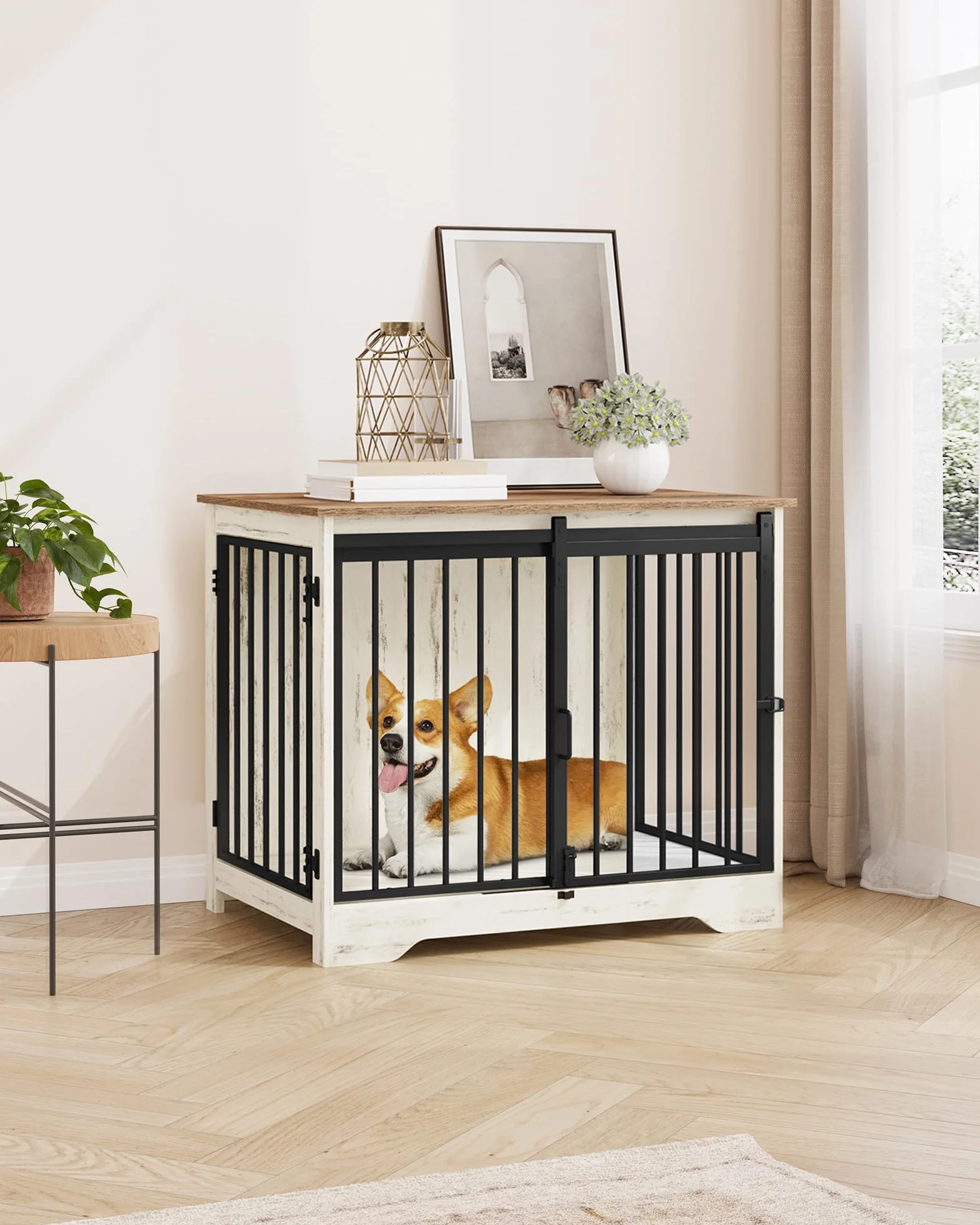Hzuaneri 81cm Gabbia per Cani, Tavolo Supplemento, Nicchia Moderna per Cani, Gabbia per Cuccioli, Casetta per Animali, 2 porte, 55 x 81 x 67,5 cm, Bianco e Marrone DFC83614B