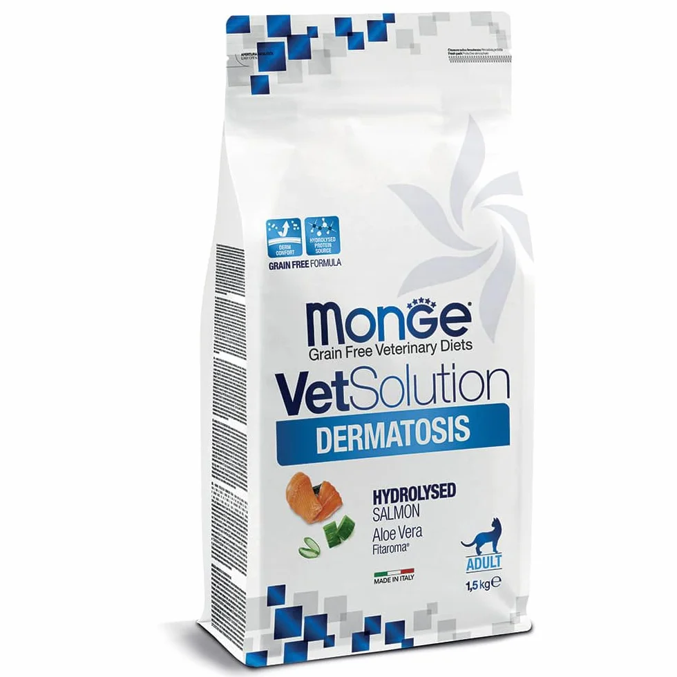 Monge VetSolution Dermatosis Feline Hydrolysed Salmon - Salmone con Aloe Vera per Gatti - Confezione da 1,5 Kg