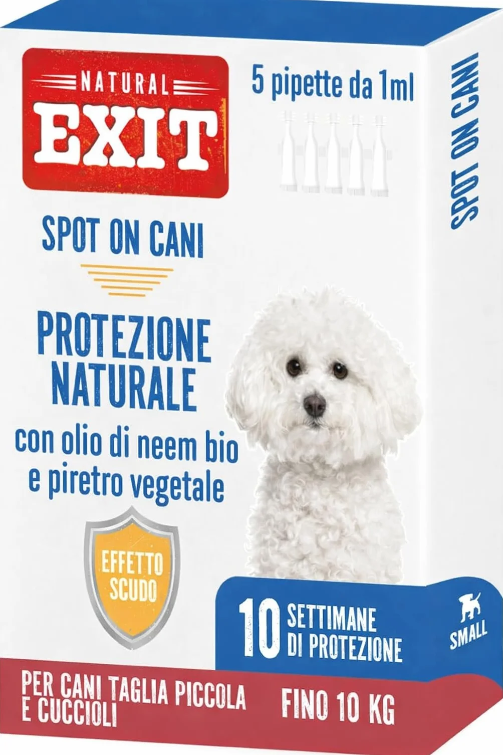 Natural Exit - Spot On Antiparassitario Naturale Per Cani, 5 Pipette Richiudibili Lunga Durata, Protegge Da Pulci, Zecche, Pappataci, Flebotomi e Zanzare (Fino a 10 Kg - Taglia Piccola e Cuccioli)